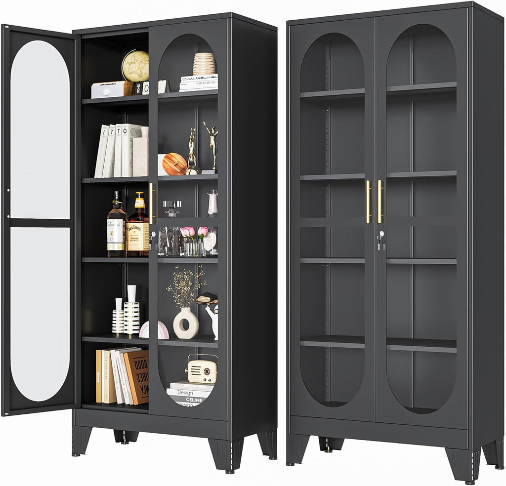 PAOFIN 71' H Locking Display Cabinet with Glass Door, Metal Curio Cabinets with 4 Adjustable Shelves, Tall Liquor Cabinet Display Case for Living Room, Collectibles, Home - Assembly Required Black