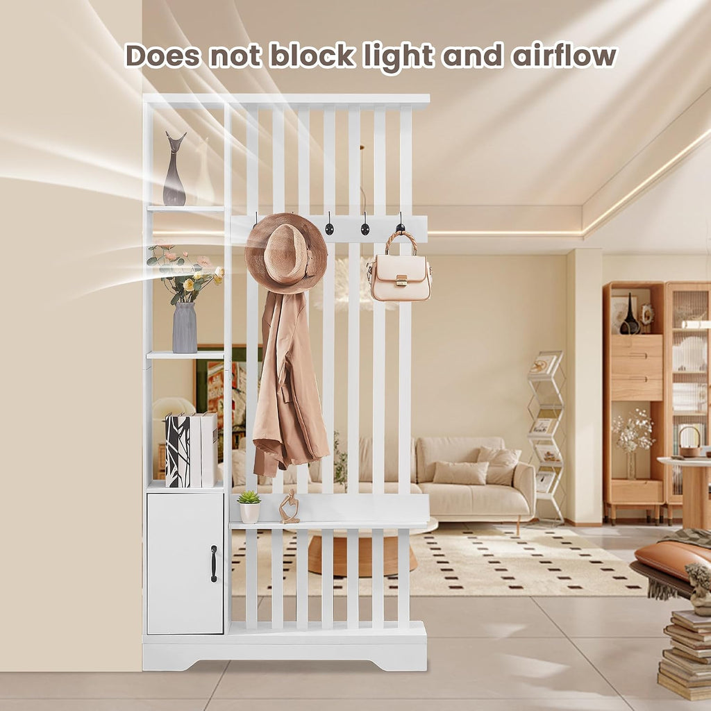 Room Divider with Shelves, Wall Room Divider Bookshelf, Freestanding Wood Privacy Screen with Storage Cabinet, Coat Rack, Display Shelf for Living Room Separation, Home Office Decorative (White)