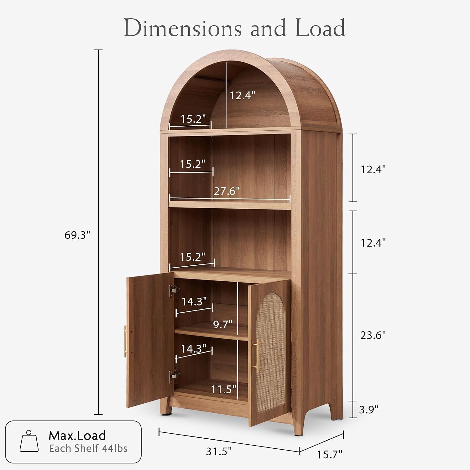 RowyPoey Rattan Arched Cabinet Bookshelf - 69.3' Tall Mid Century Display Cabinet, Rounded Bookcase with Rattan Doors, Open Shelf Storage for Dining Room (Caramel Oak, 1 PC)
