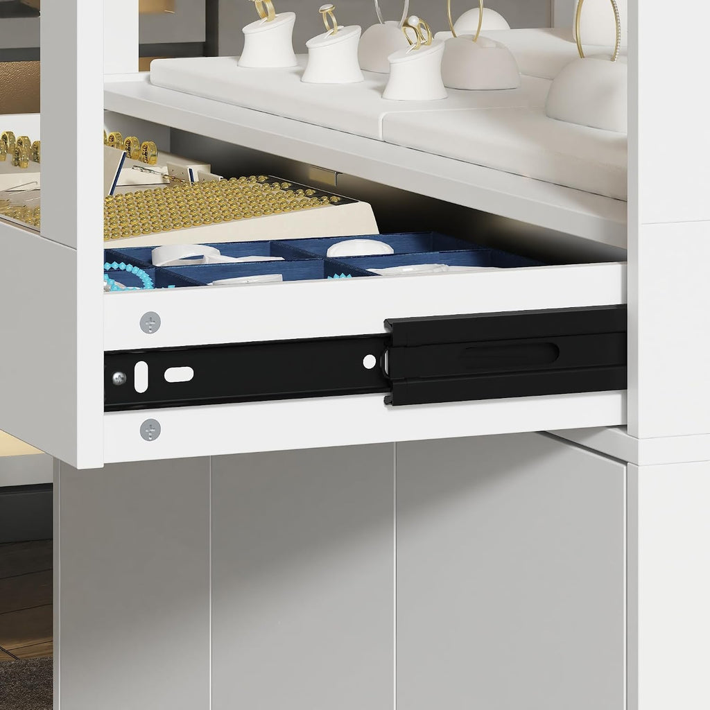 Lockable Glass Display Cabinet Closet Island, Glass Top Storage Cabinet for Retail, Collectibles Showcase with 3 Doors, Walk in Display Island for Retail Shop, Cloakroom, White
