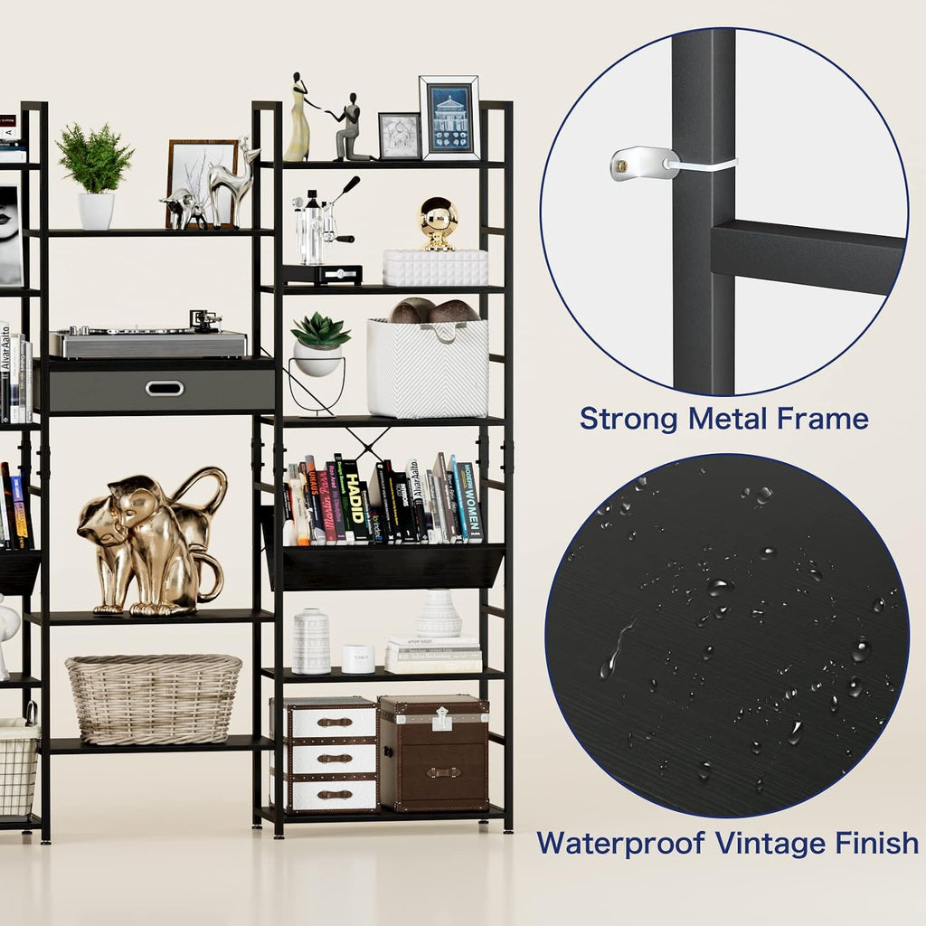 NUMENN Triple Wide 6 Tier Bookshelf, Adjustable Rustic Industrial Style Book Shelves, Modern Bookcases and Bookshelves Furniture for Bedroom, Living Room and Home Office, Black