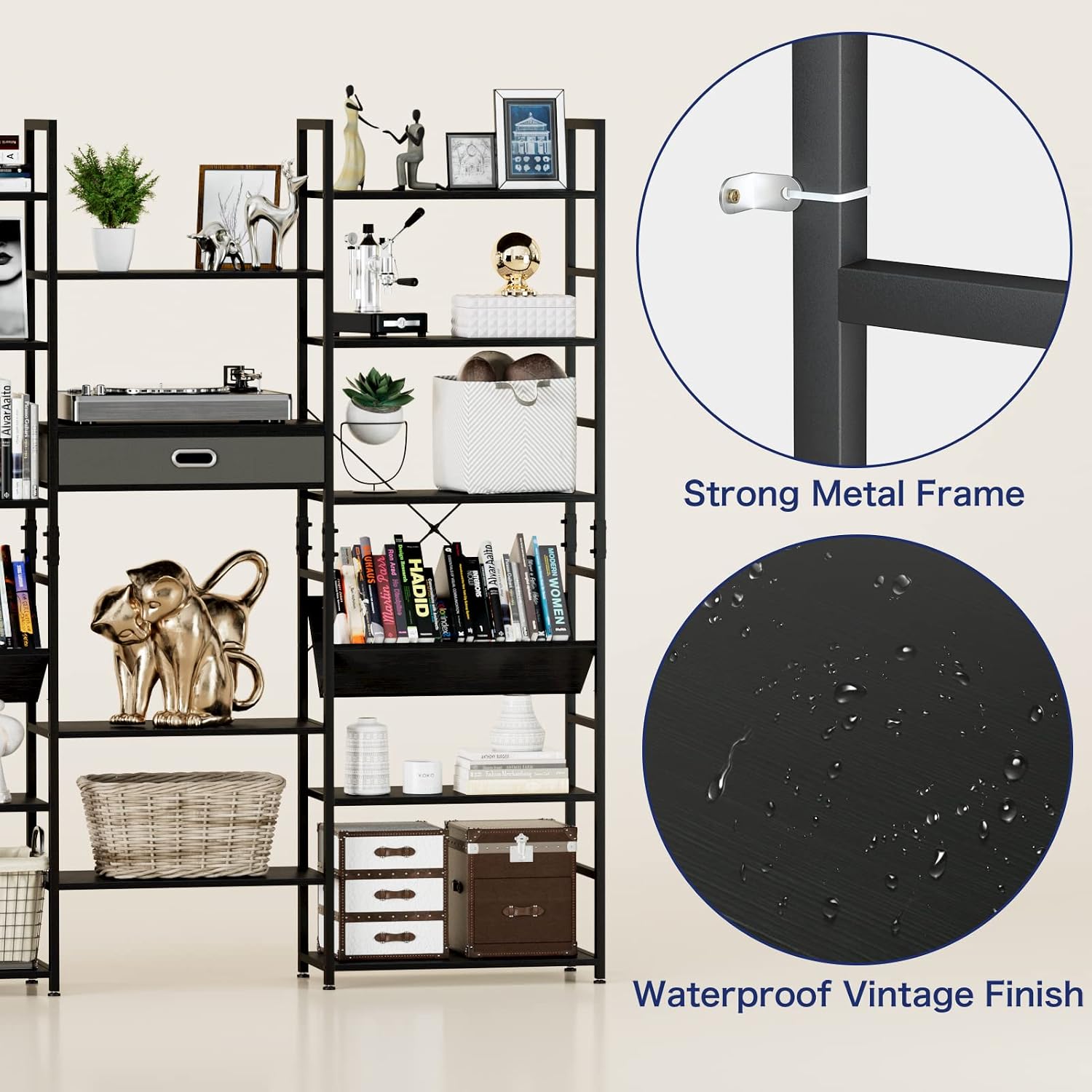 NUMENN Triple Wide 6 Tier Bookshelf, Adjustable Rustic Industrial Style Book Shelves, Modern Bookcases and Bookshelves Furniture for Bedroom, Living Room and Home Office, Black