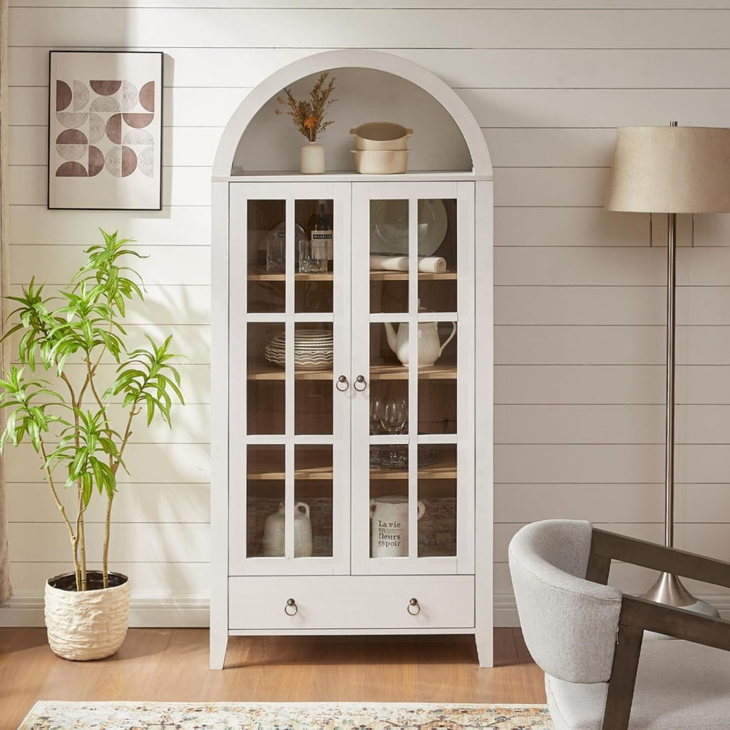 RowyPoey Farmhouse Arched Cabinet with Glass Doors, Wood Display Cabinet with Drawer and Adjustable Shelves, 71' Tall Bookshelf Modern Storage Kitchen Pantry for Living Room,Office (Antique White)