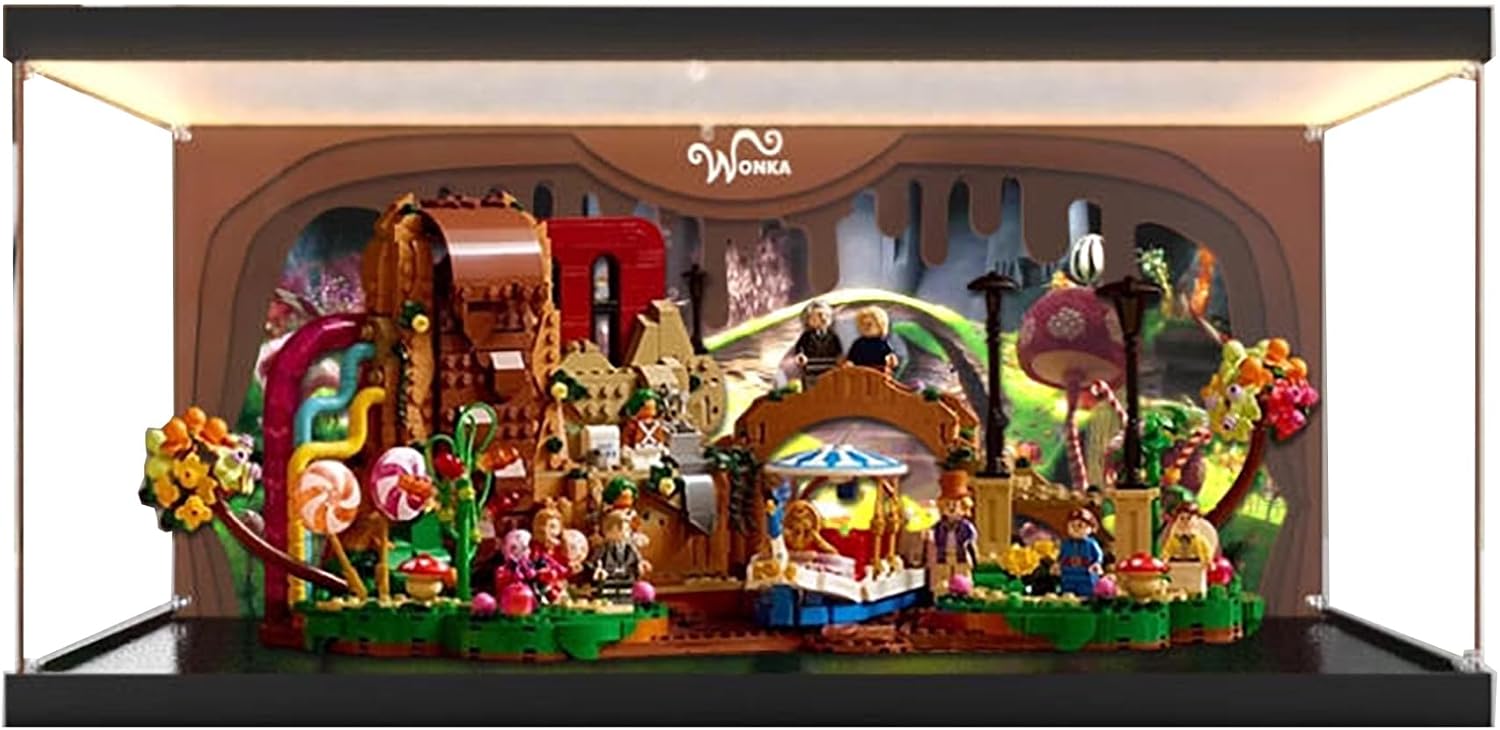 Acrylic Display Case for Lego 21360 Willy Wonka and The Chocolate Factory Building Set– Dustproof Display Box, Display Box Compatible with Lego 21360-Only Display case (Back Spray+LED Light 2)