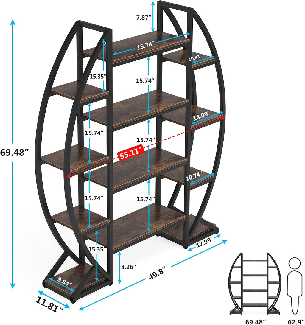 Tribesigns Oval Bookshelf, Triple Wide 5 Tier Etagere Bookcase, Industrial Display Shelves for Living Room (Brown, 55')