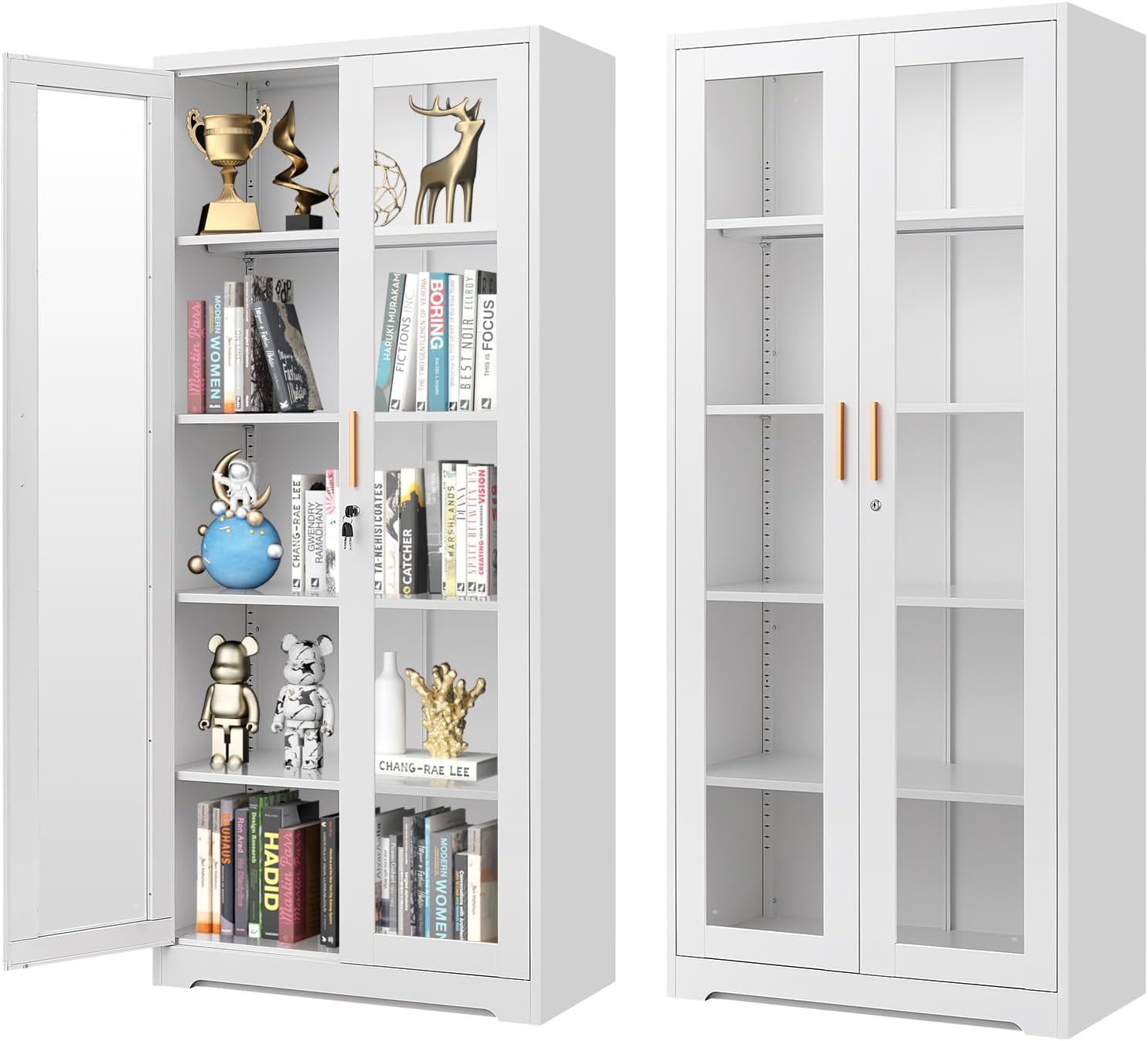 71' Glass Display Cabinet, Metal Storage Cabinet with Glass Doors, Curio Display Case with 4 Adjustable Shelves, White Locking Cabinets for Living Room, Kitchen, Hallway - Assembly Required