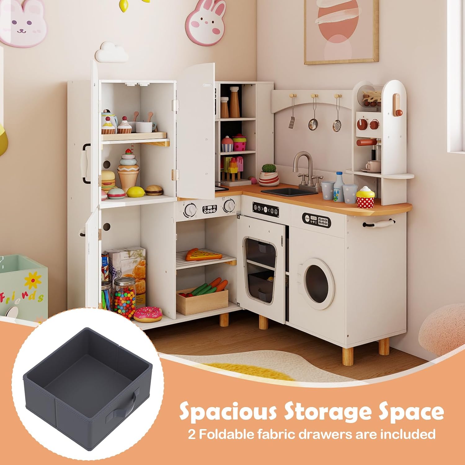 INFANS Kids Corner Kitchen Playset, Wooden Play Kitchen with Washing Machine, Coffee Maker, Toy Grinder, Gift for Boys Girls