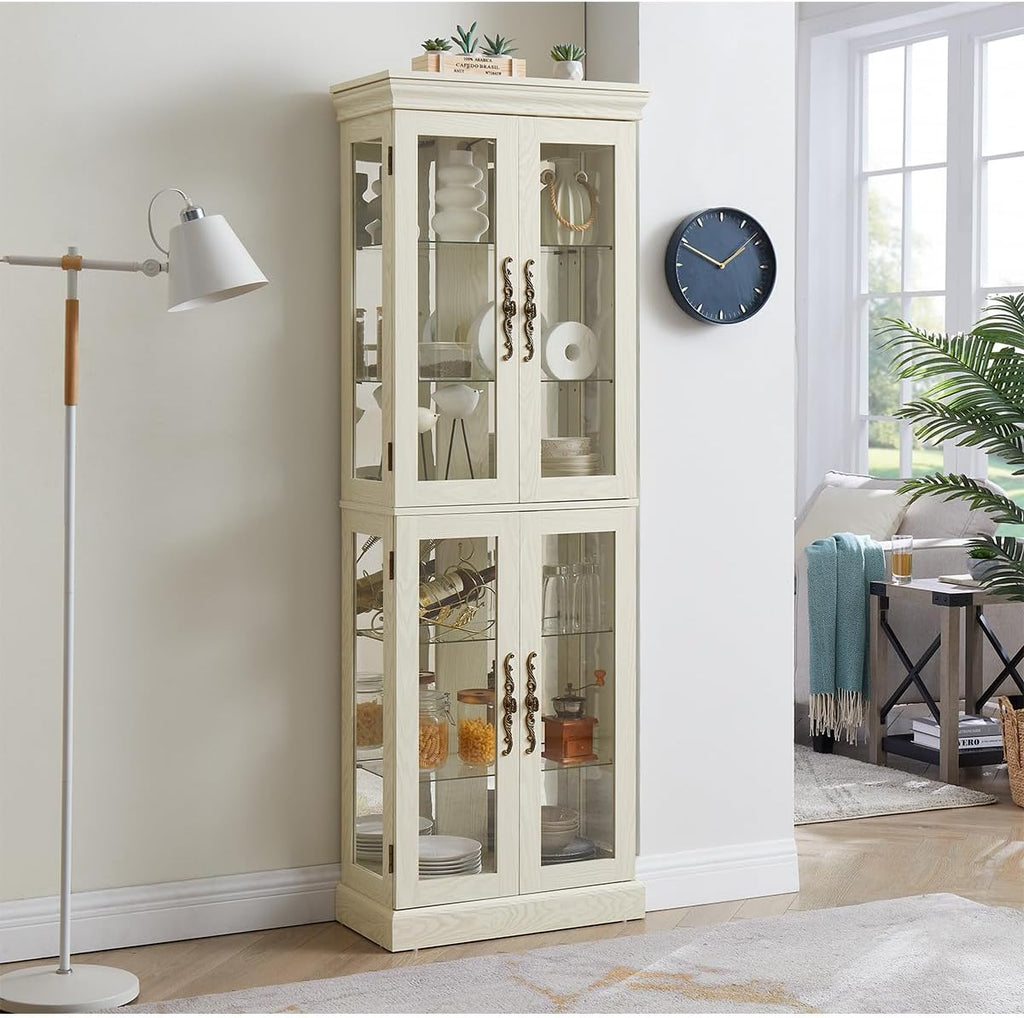 Lighted Glass Curio Cabinet with Lights & Adjustable Shelves,White Corner Curio Display Cabinet with Wood Frame (Free Standing,Light Bulb Include)