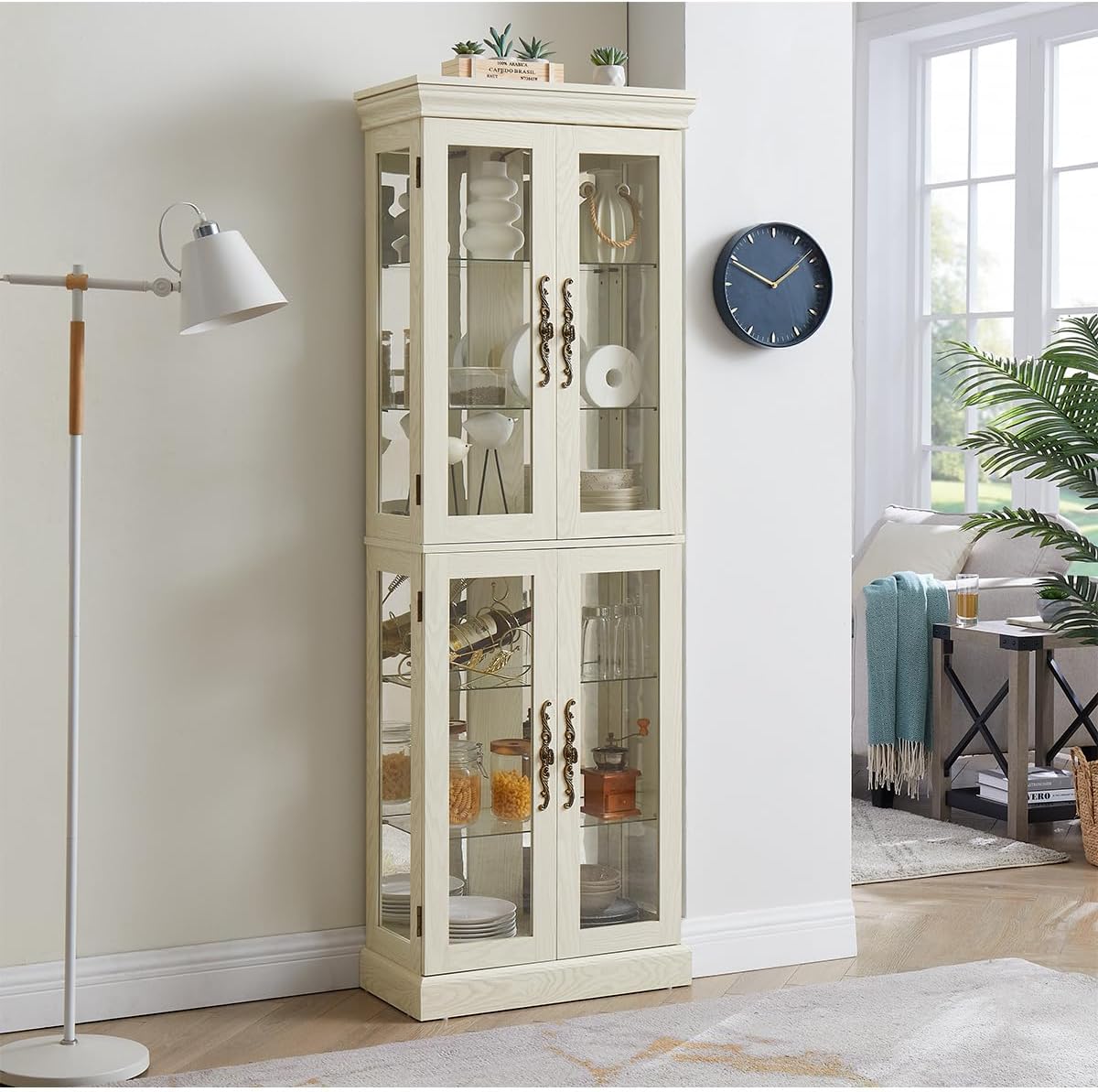 Lighted Glass Curio Cabinet with Lights & Adjustable Shelves,White Corner Curio Display Cabinet with Wood Frame (Free Standing,Light Bulb Include)