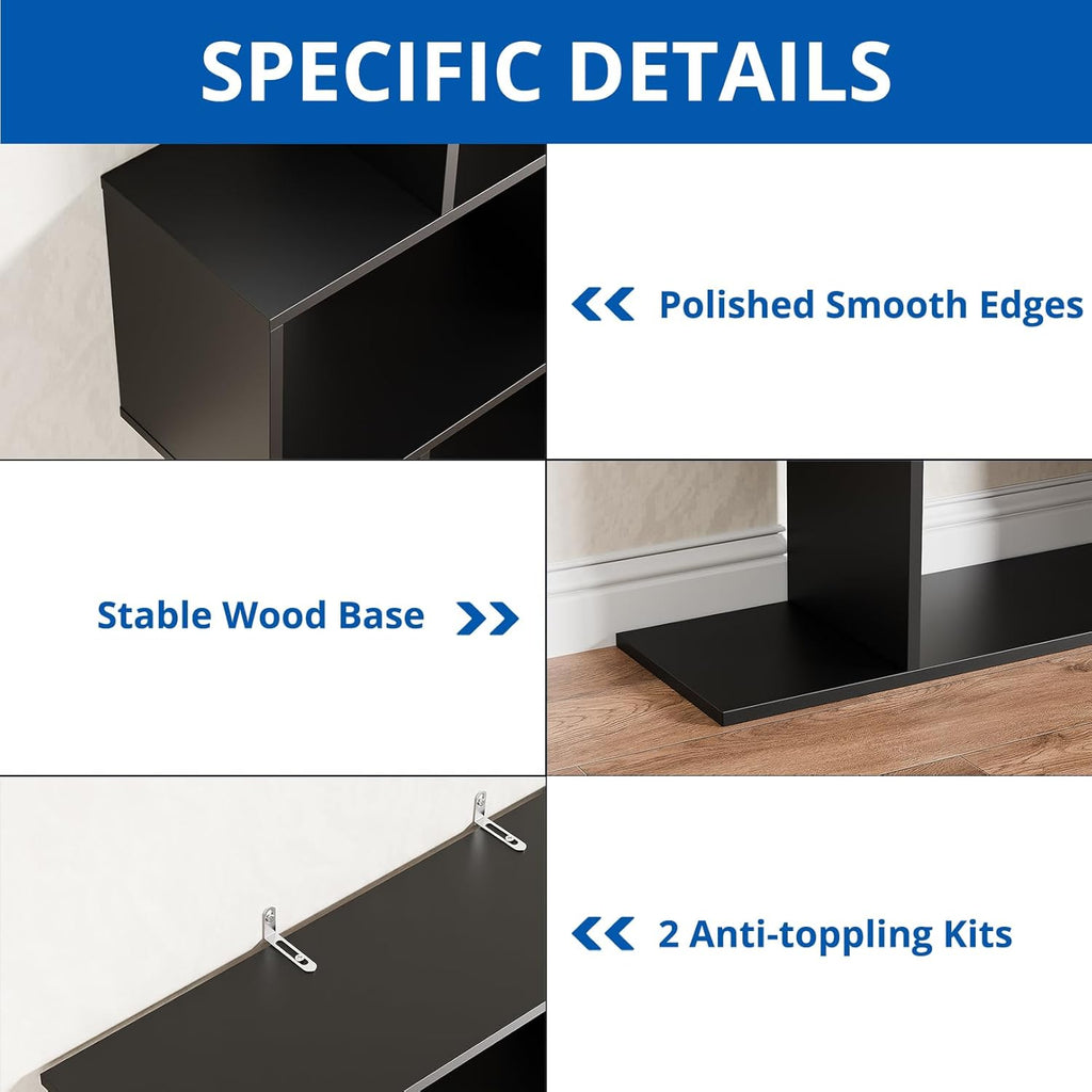 Cozy Castle Set of 2 Geometric Bookcase, S-Shaped Modern Bookshelf, Room Divider Bookshelf, 62' Tall Unique Abstract Bookcase with 5-Tier Display Shelf for Living Room Office, Black