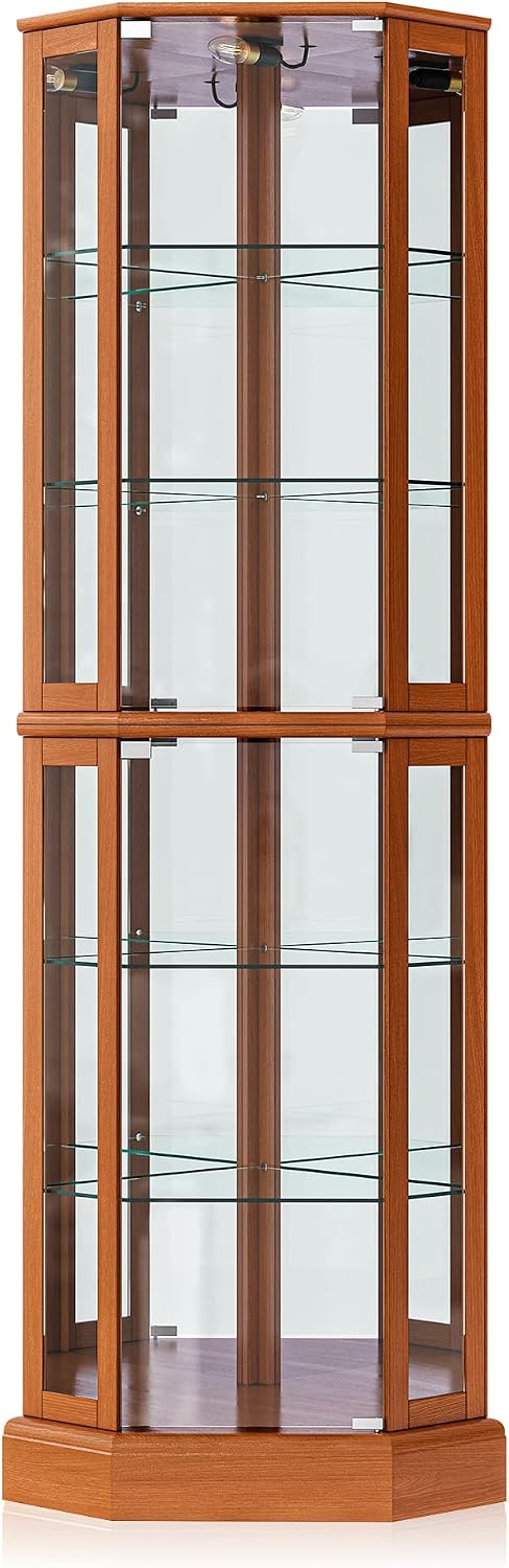 BELLEZE Lighted Curio Cabinet Corner Display Case for Living Room, China Hutch with Tempered Glass Doors and Shelves, Wooden Accent Cabinet, Bar and Liquor Storage Area - Ashfield (Oak)