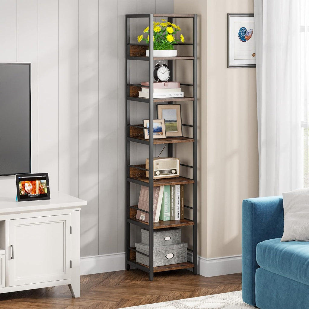 Tribesigns 6-Tier Corner Shelf, 75 Inch Tall Narrow Bookshelf Storage Rack, Etagere Shelves Display Stand for Small Spaces, Rustic Open Bookcase Square Shelf Tower for Living Room Bathroom