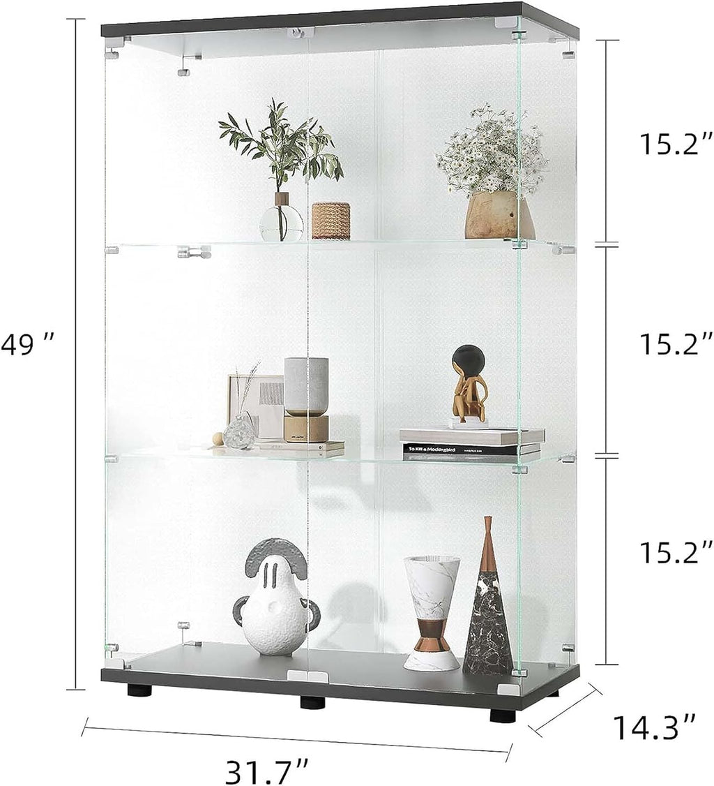 APRILSOUL Glass Display Cabinet 3-Shelf with Double Door, Curio Display Cabinet with 5mm Tempered Glass Floor Standing Bookshelf for Bedroom, Living Room, 49 x 31.7 x 14.3 in