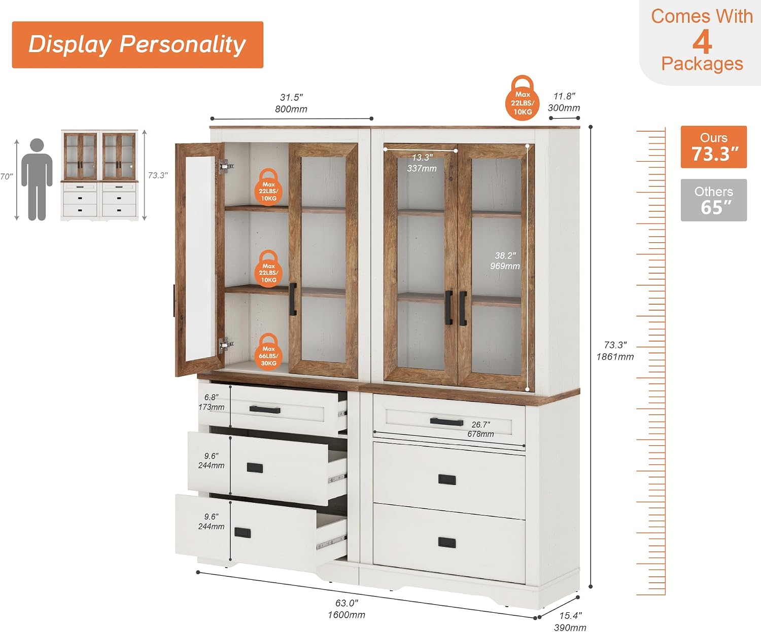 WAMPAT 2 Column 73.3' Tall Bookcase with Glass Door, 63' Wide Rustic Wood Bookshelves with Chest of Drawers, Modern Farmhouse Display Storage Cabinet with Adjustable Shelves for Home,Office,White&Oak