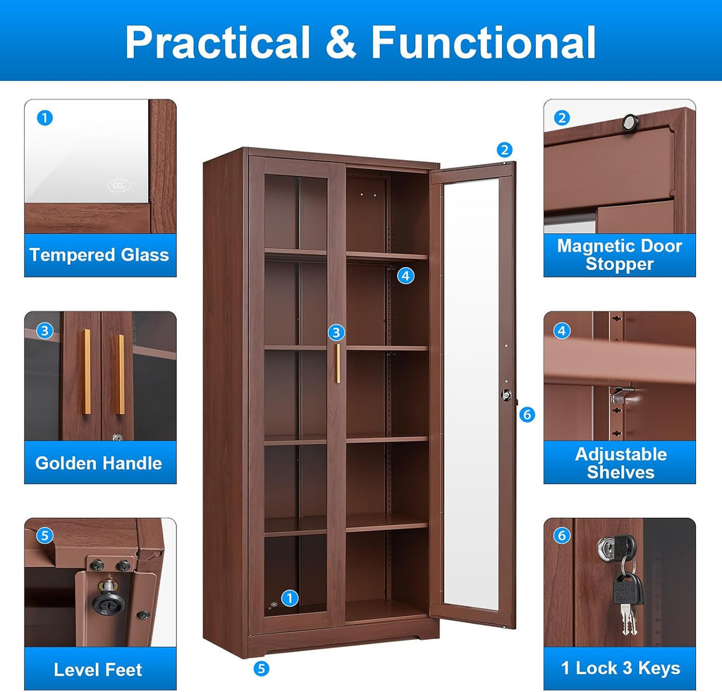 Polup Glass Display Cabinet, Display Case with Glass Doors and Shelves, Metal Curio Cabinets with Locking, 71' Tall Bookcase with Glass Doors for Home, School, Clinic (Wood Color)- Assemble Required