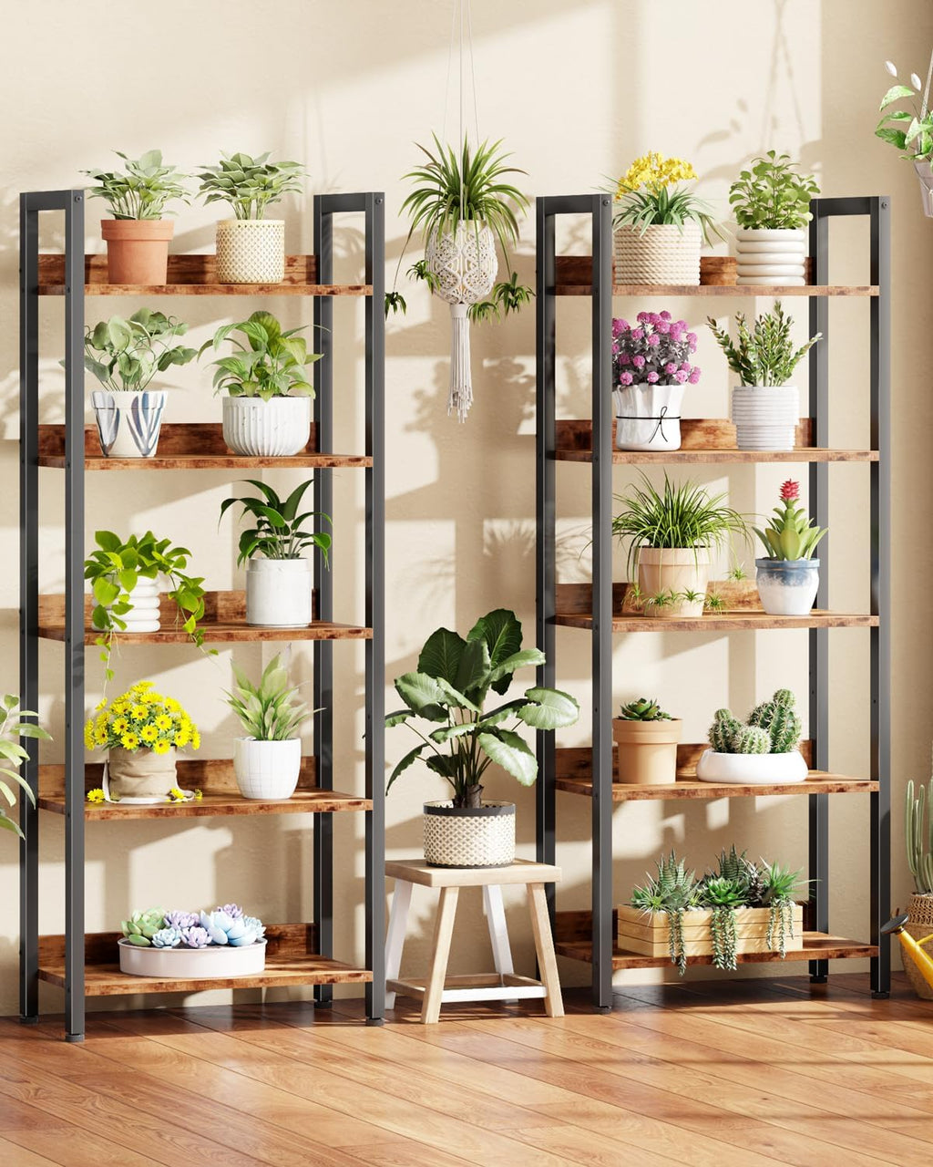 Furologee 5-Tier Bookshelf Set of 2,Tall Bookcase with 2 Drawers and Shelves, Industrial Display Free Standing Shelf Units, Storage Rack Organizer for Bedroom, Living Room, Home Office, Rustic Brown