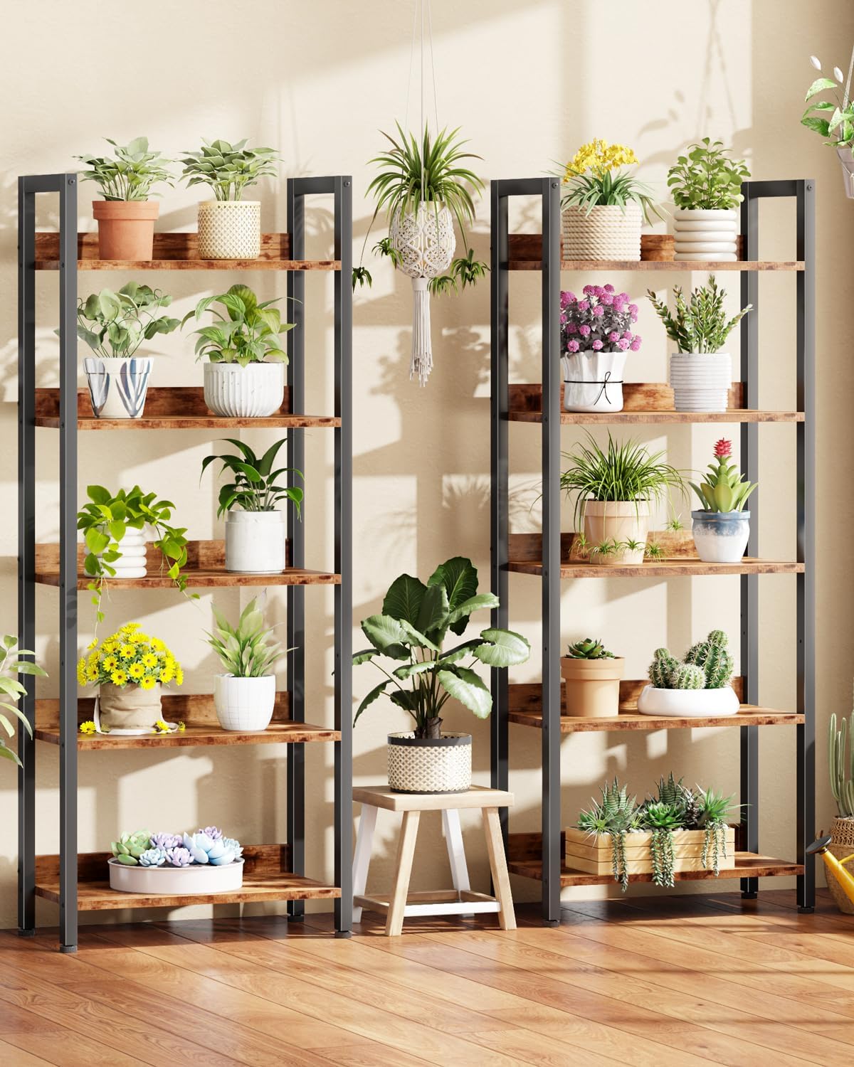 Furologee 5-Tier Bookshelf Set of 2,Tall Bookcase with 2 Drawers and Shelves, Industrial Display Free Standing Shelf Units, Storage Rack Organizer for Bedroom, Living Room, Home Office, Rustic Brown
