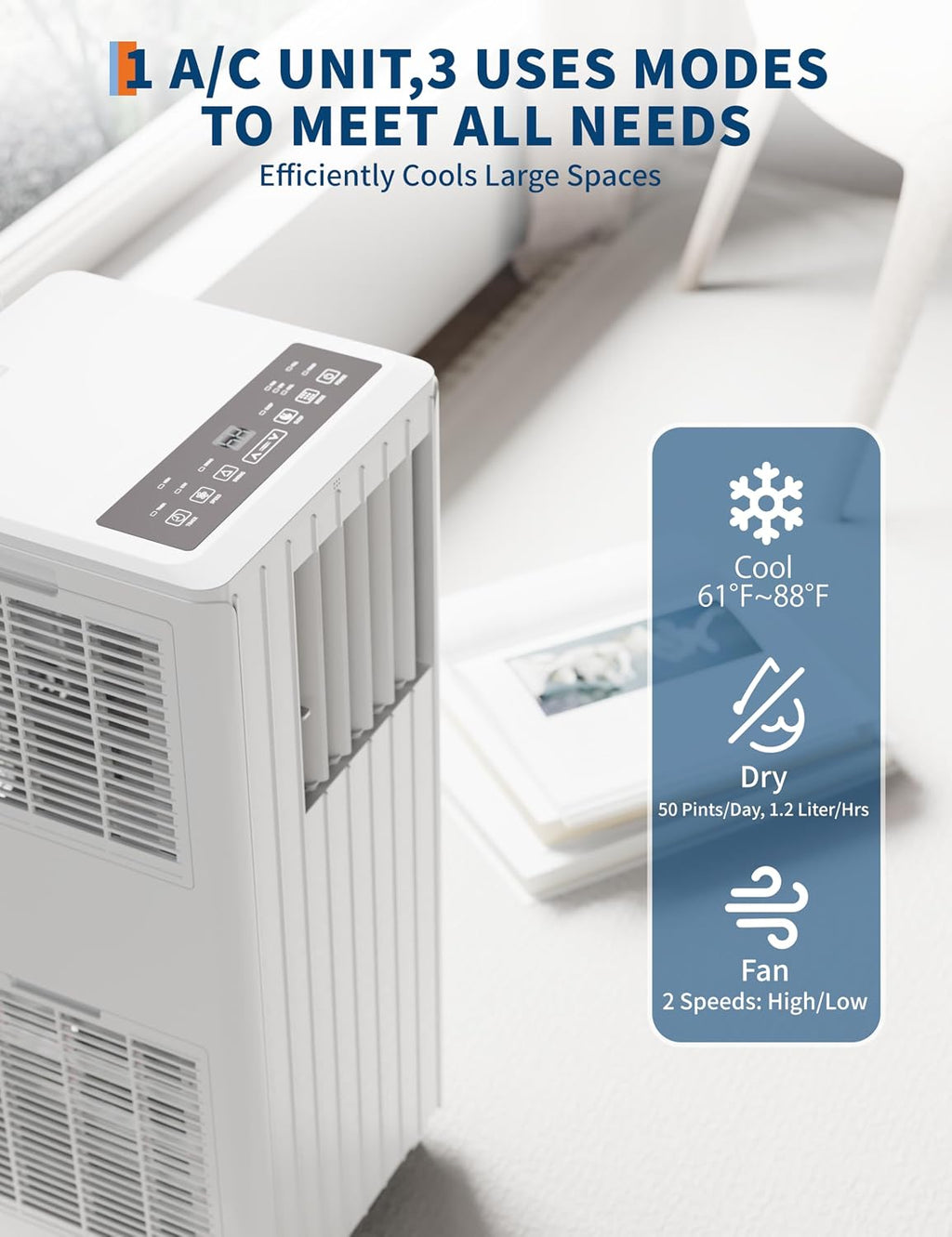 8,000 BTUs Portable Air Conditioner, 3-in-1 AC Unit with Fan, Dehumidifier, Air Conditioner for Bedroom Cools Rooms Up to 350 Sq.Ft, Indoor Quiet AC Unit, Easy Installation Kit Included, White