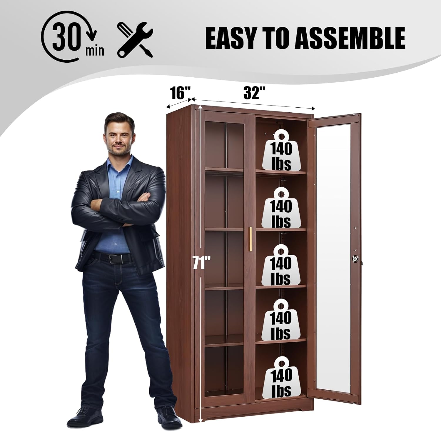 71' Display Cabinet, Metal Kitchen Storage Cabinet, Curio Display Case with Glass Doors and 4 Adjustable Shelves, Locking Cabinets for Kitchen, Hallway, Living Room, Wood Color -Assembly Required
