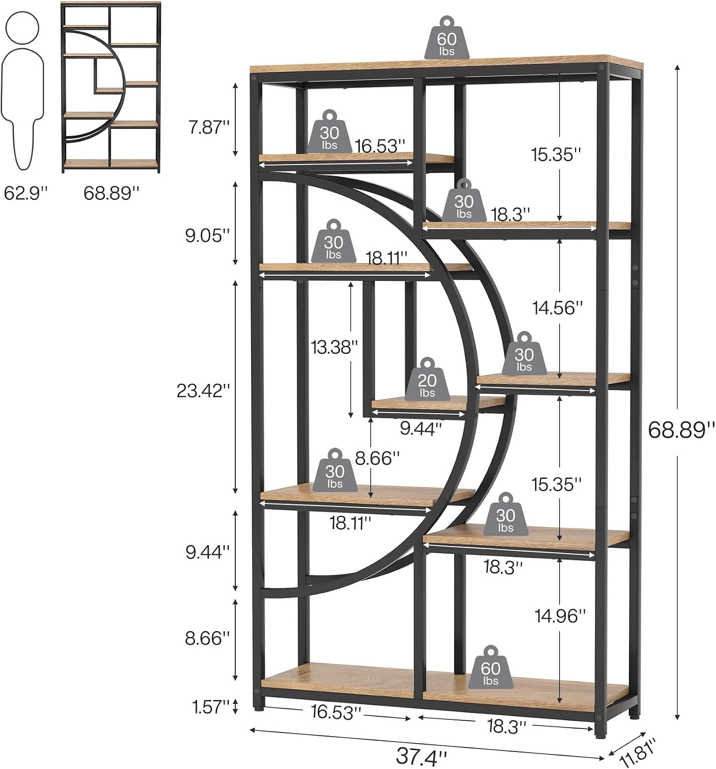 Tribesigns Bookshelf Industrial 5 Tier Etagere Bookcase, Freestanding Tall Bookshelves Display Shelf Storage Organizer with 9-Open Storage Shelf for Living Room, Bedroom (Light Oak)