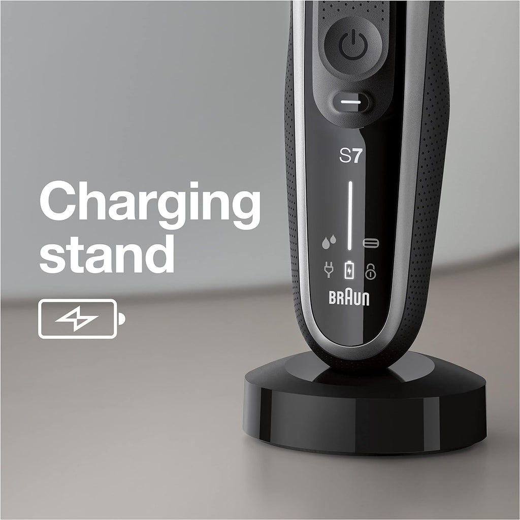 Braun Electric Razor for Men, Waterproof Foil Shaver, Series 7 7027cs, Wet & Dry Shave, with Beard Trimmer, Rechargeable, Charging Stand and Travel Case Included, Silver Black