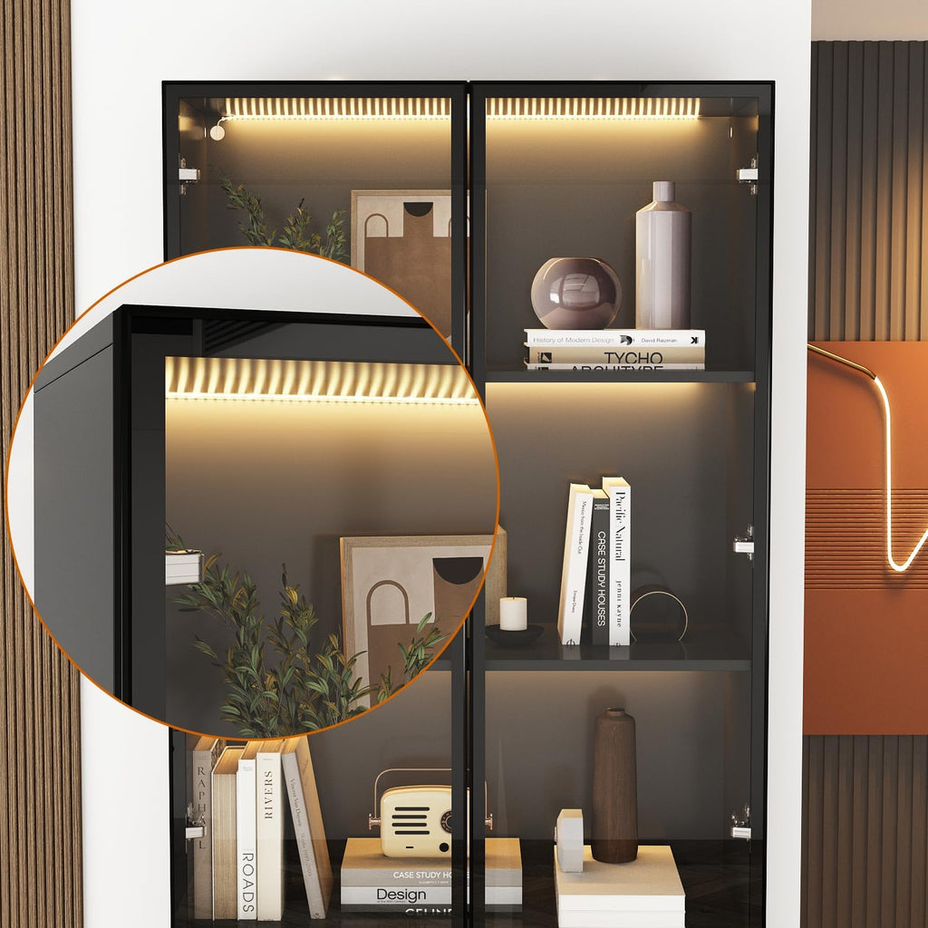 FUFU&GAGA Display Cabinet with Glass Doors and Lights, 78.7' Tall Bookshelf Glass Storage Cabinet with 4 Shelves & 2 Drawers, Bookcase for Living Room Office, Black 31.5'W x 14.2'D x 78.7'H