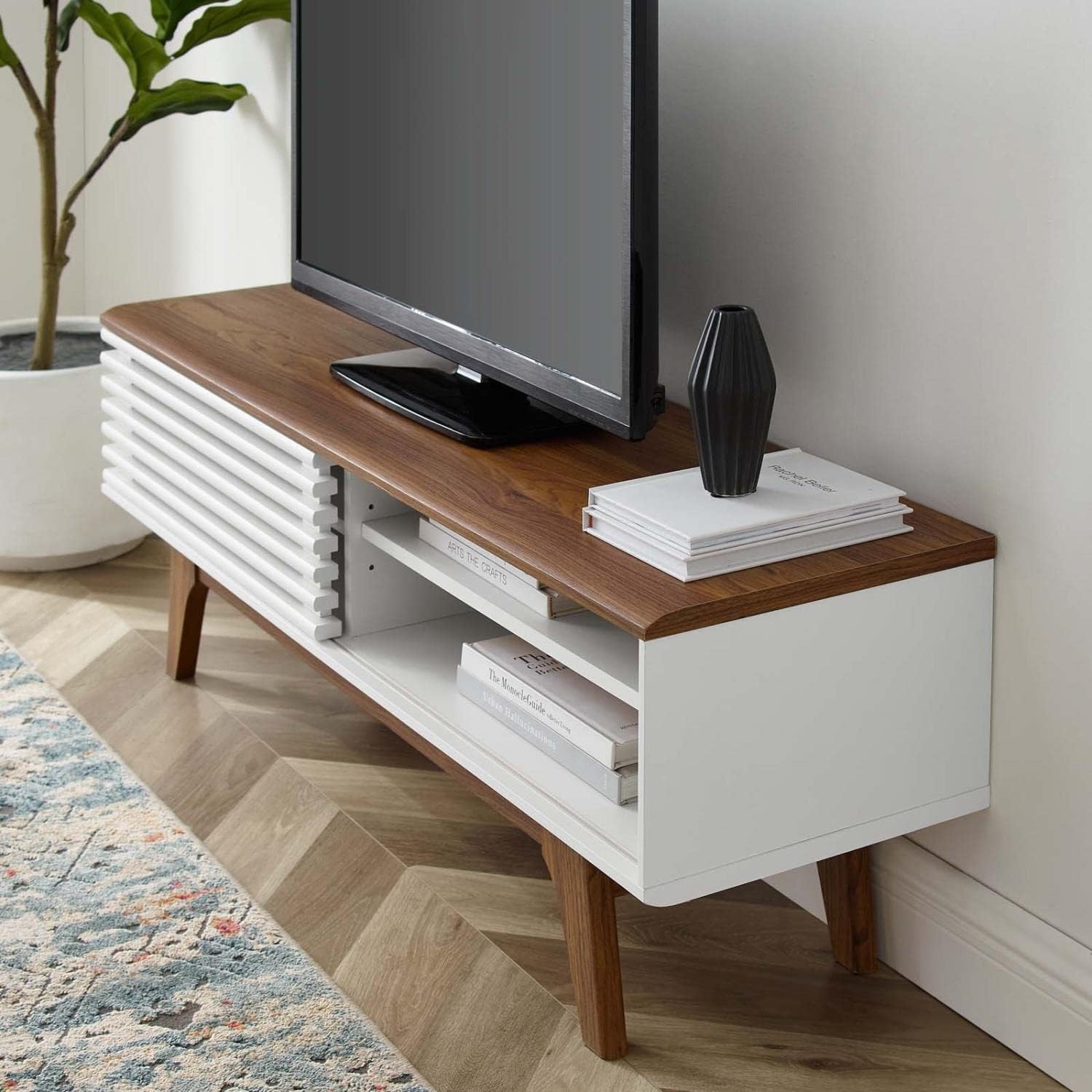 Modway Render Mid-Century Modern Low Profile 48 Inch TV Stand in Walnut White, 48'