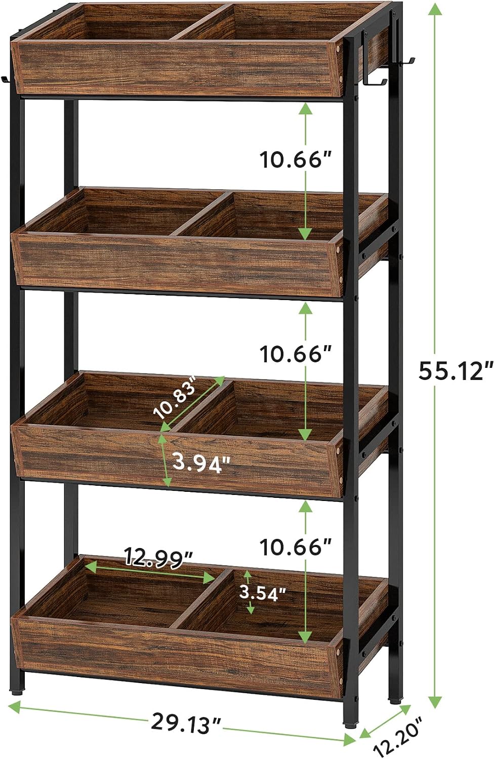 Tribesigns Wood Fruit and Vegetable Basket Stand Rack for Kitchen, Office, Store, Supremarket, Pantry Shelf Unit for Snacks, 4-Tier Wooden Utility Storage Shelves (Brown+Black)