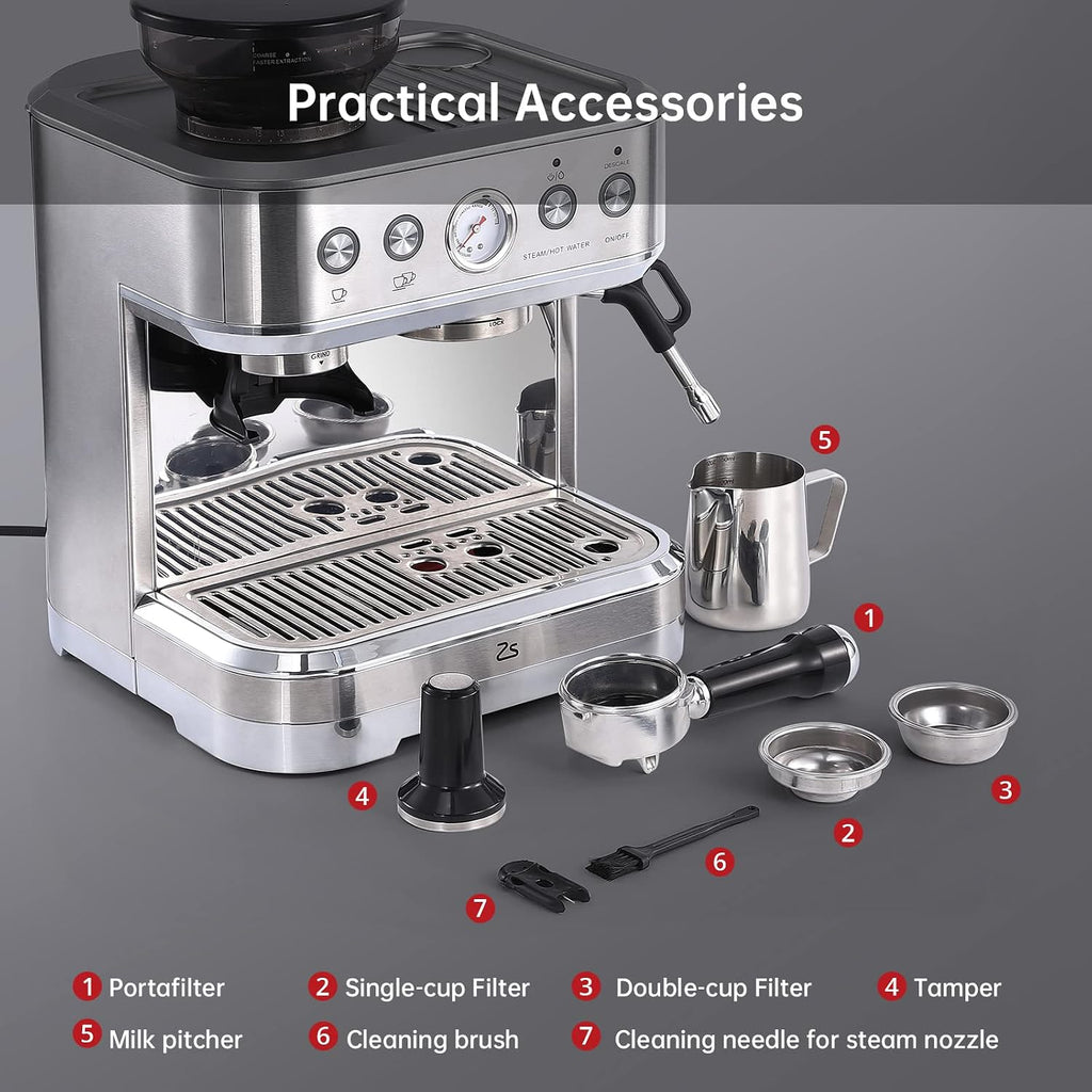Espresso Machine 15 Bar, LCD Display Espresso Maker with Grinder, Milk Frother and PID Temperature Control, Professional Coffee Maker for Latte Cappuccino - 8.8 Oz Bean Hopper