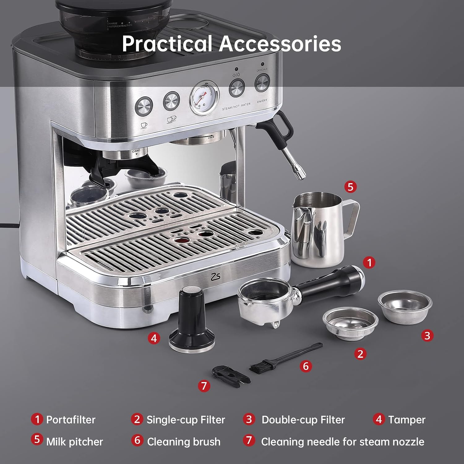 Espresso Machine 15 Bar, LCD Display Espresso Maker with Grinder, Milk Frother and PID Temperature Control, Professional Coffee Maker for Latte Cappuccino - 8.8 Oz Bean Hopper