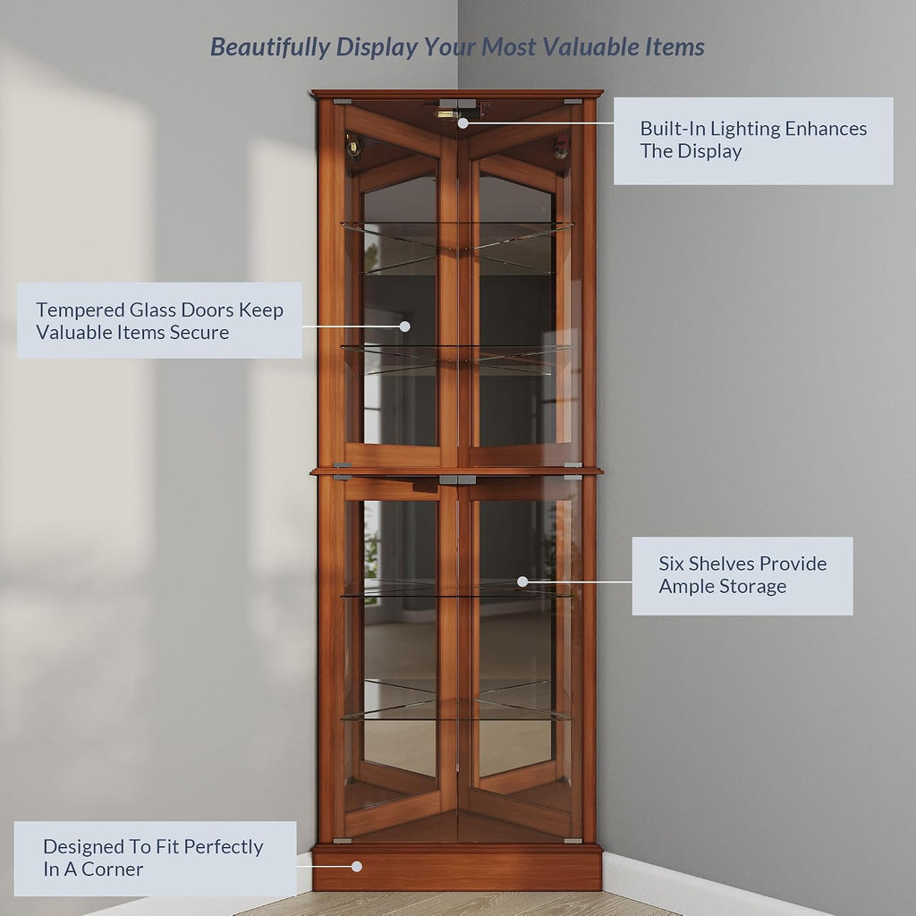 BELLEZE Lighted Corner Display Curio Cabinet Wooden Shelving Unit with Tempered Glass Door, Bar and Liquor Storage Area with 6 Shelves - Woody (Oak)