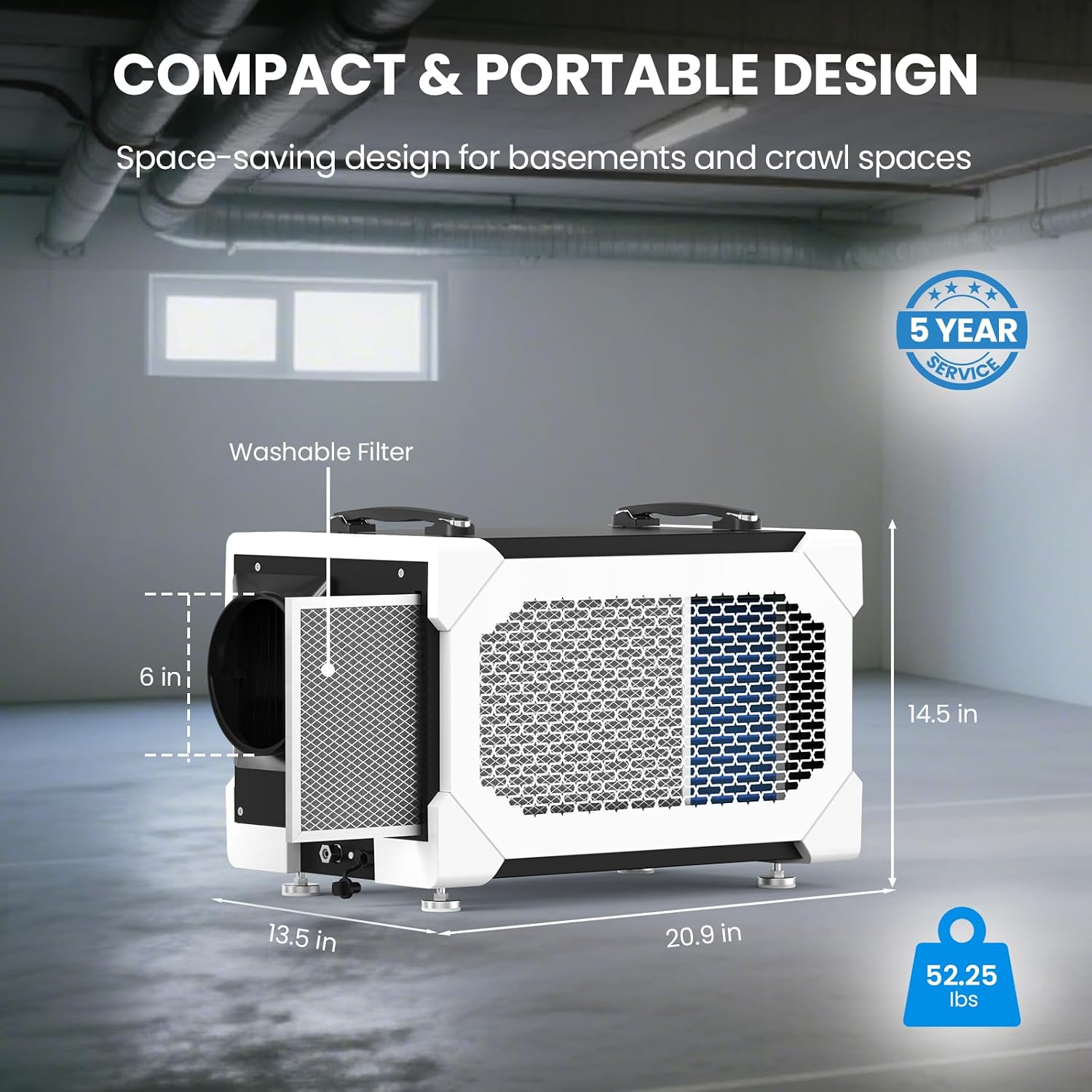 CADPXS Crawlspace Dehumidifier with Pump and Drain Hose, 145 Pints Commercial-Grade Dehumidifier for Crawl Spaces, Basements, Industrial and Water Damage Use, Large Capacity, Auto Defrost, cETL