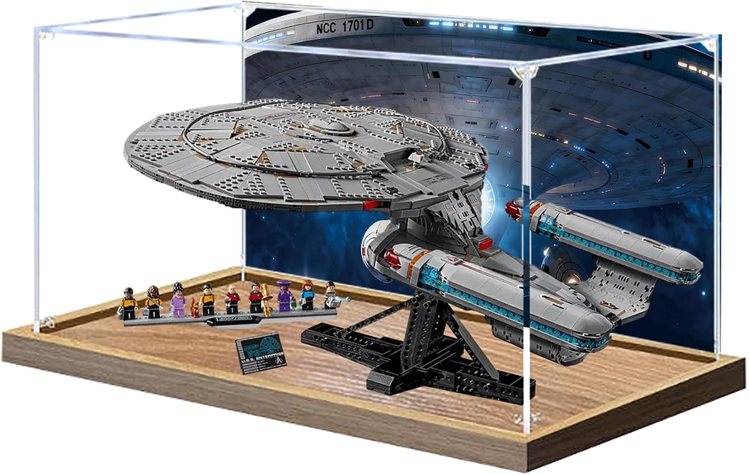Acrylic Display Case for Lego 10356 Star Trek: Federation Starship Building Set– Dustproof Display Box & Showcase, Display Box Compatible with Lego 10356-Only Display case (Back Spray Wood Base 3)