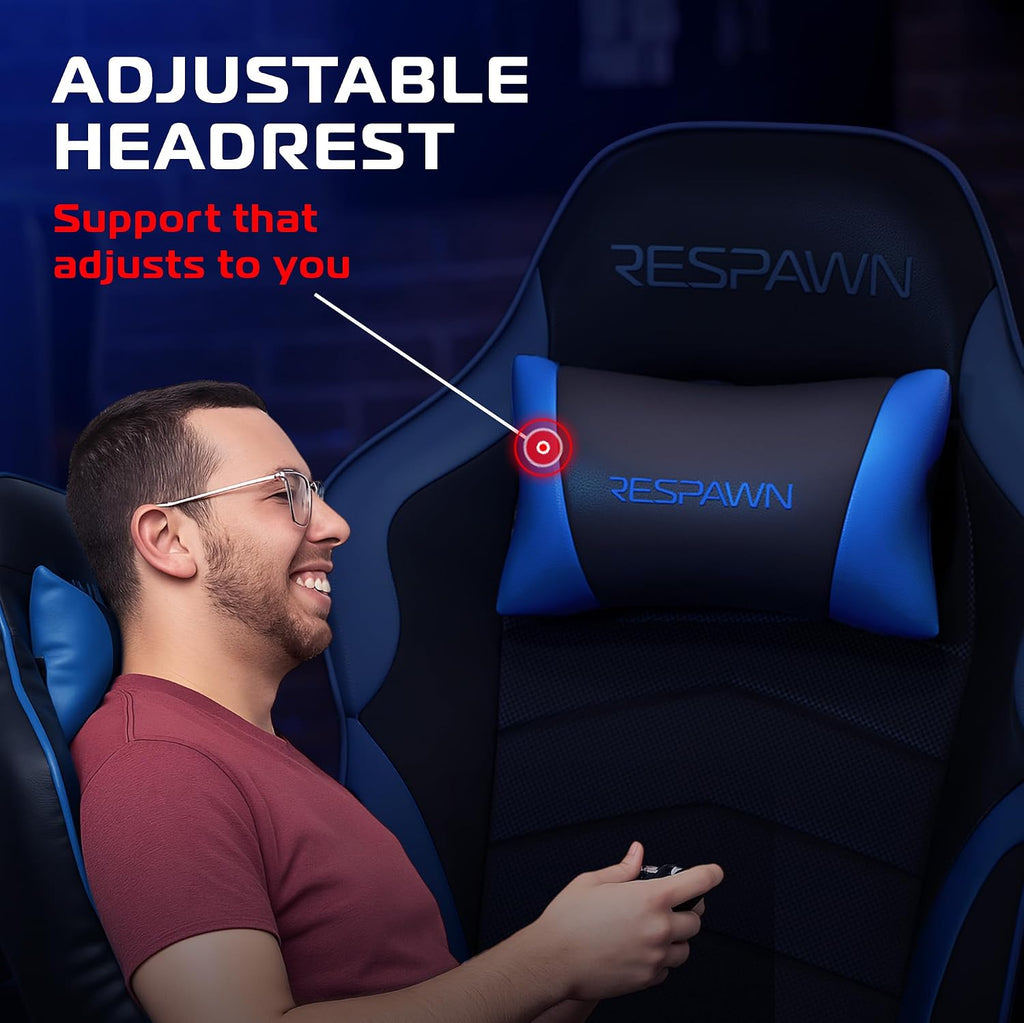 RESPAWN 900 Console Gaming Recliner with Footrest and Lumbar Support - Comfortable Ergonomic Gaming Chair with Headrest, No Wheels, Reclining, Heavy Duty, Racing Style Video Game Chairs - Blue
