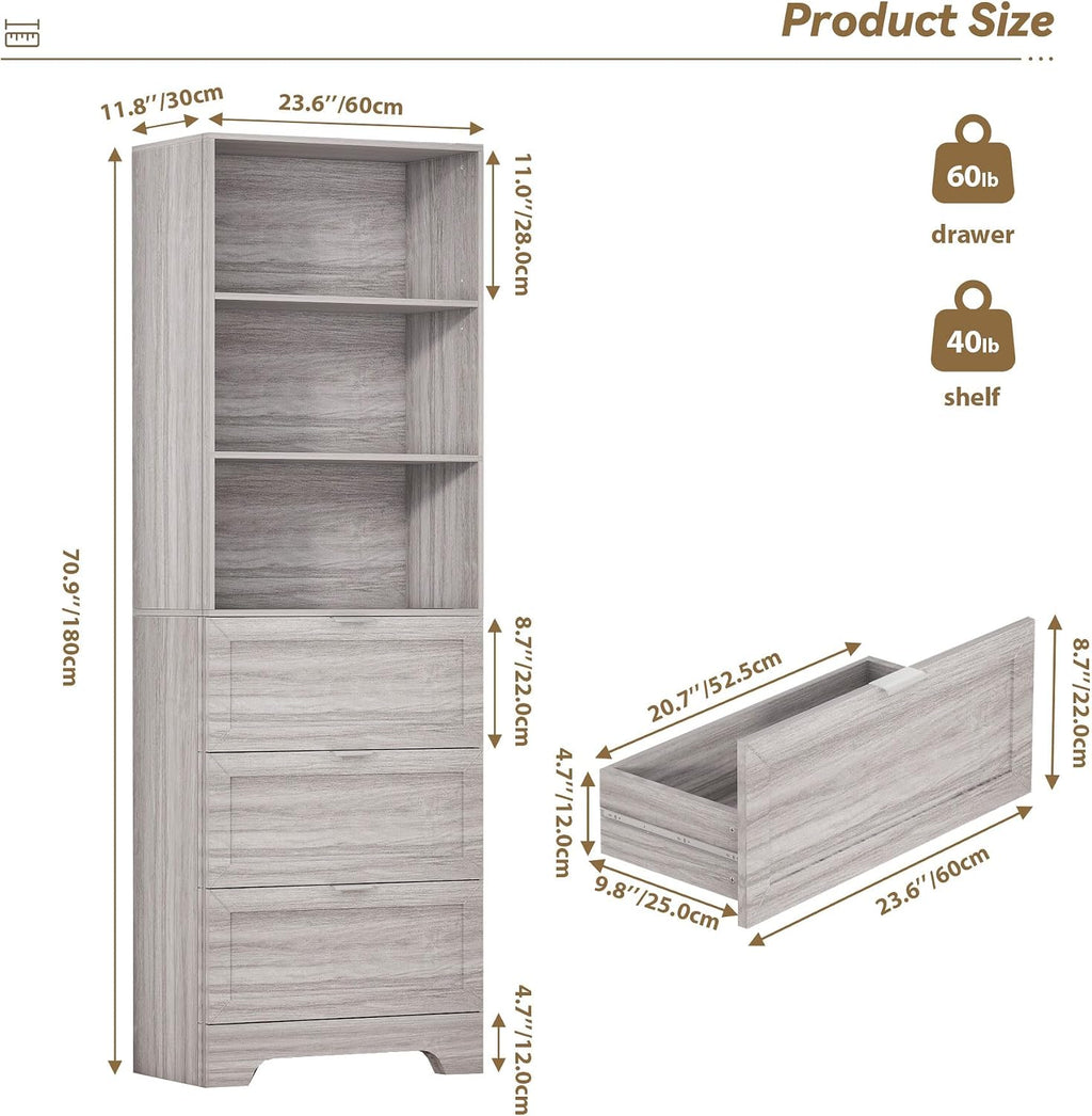 FTZxHKLX 71'' Tall Bookshelf with Drawers,6 Tier Wooden Bookcase Storage Organizer,Freestanding Display Cabinet with Adjustable Shelves for Living Room, Bedroom, Kitchen, Home Office, Wash Grey