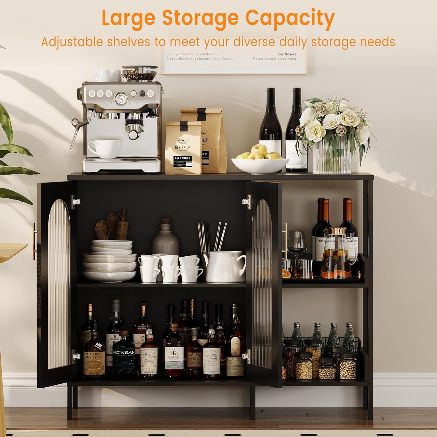 GarveeLife Modern Black Sideboard with Glass Doors, Featuring Adjustable Interior Shelves and Sleek Metal Handles, Versatile Storage Cabinet for Dining Room or Kitchen Display
