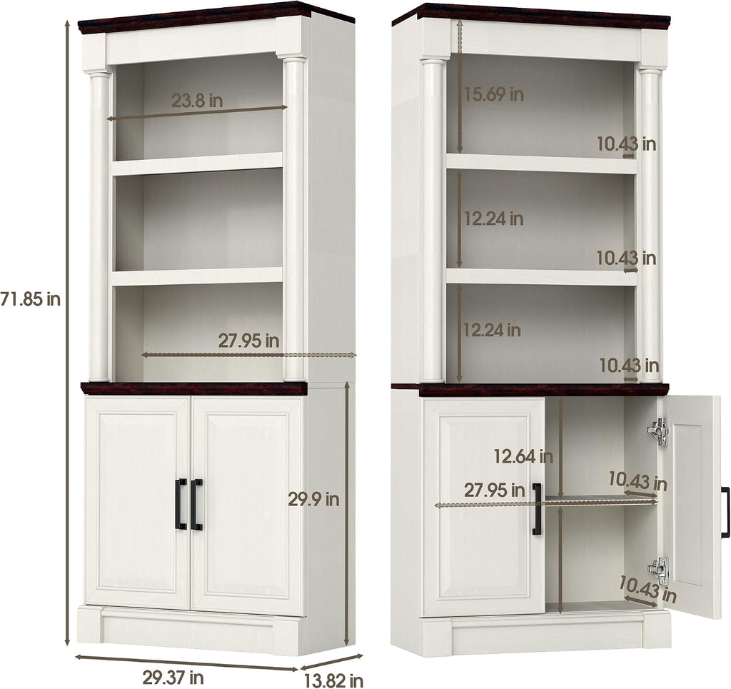 72' Roman Column Bookcase with Double Door Cabinet, 5 Tiers Tall Bookshelf Shelves Storage and Anti Tip Kit, Classic American European Modern Multi Style Design for Living Room Study Office, White
