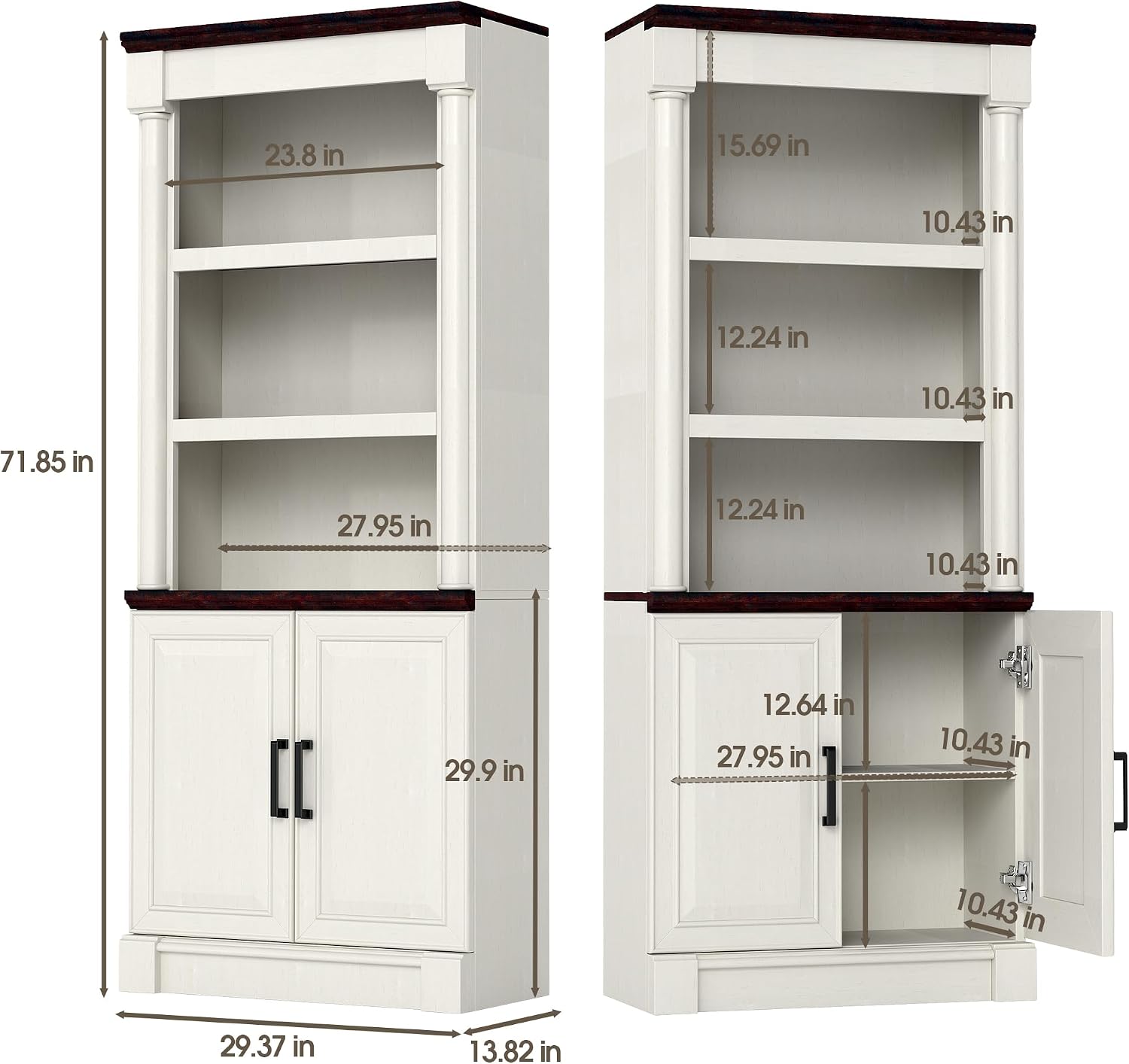 72' Roman Column Bookcase with Double Door Cabinet, 5 Tiers Tall Bookshelf Shelves Storage and Anti Tip Kit, Classic American European Modern Multi Style Design for Living Room Study Office, White