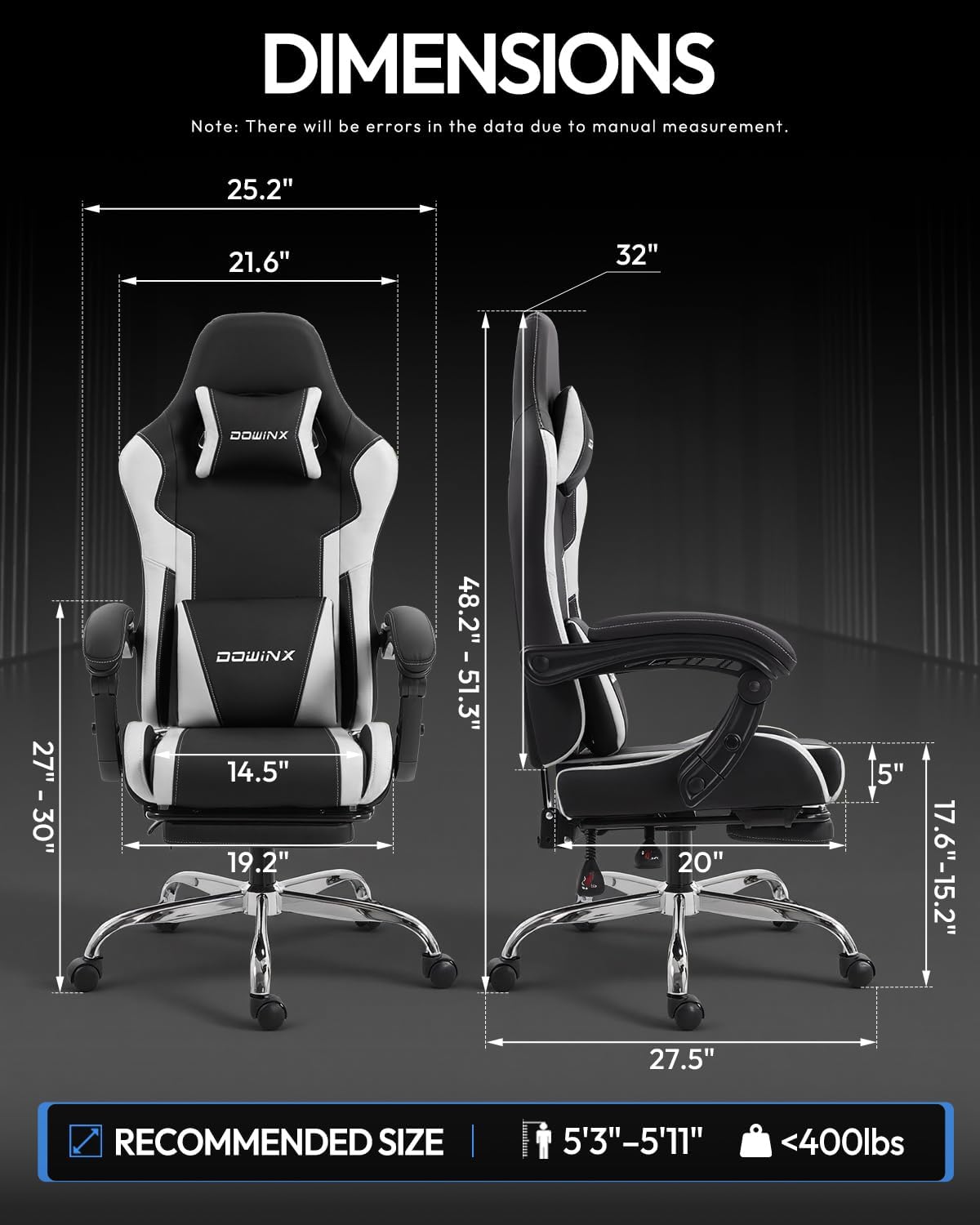 Dowinx Ergonomic Gaming Chair with Footrest & Massage Lumbar, 2D-Linkage Armrests for Computer Chair 330lbs with Headrest Pillow for Office, Home, Streaming and Long Gaming Sessions, White