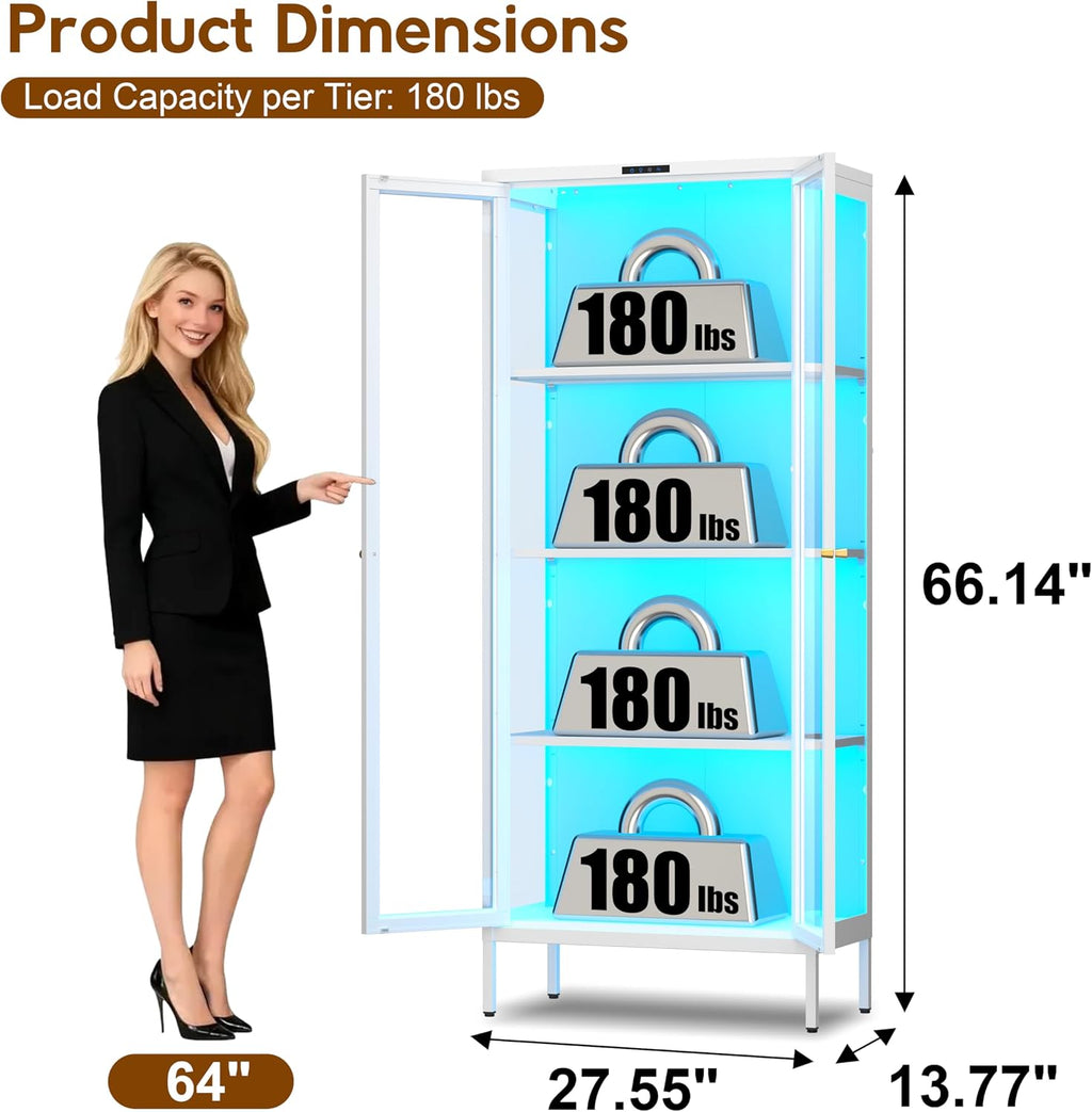 UNICOLY Display Cabinet with Glass Doors, Glass Display Cabinet with 8 Color LED Lights, Curio Display Cabinet with 3 Shelves for Living Room, Plant, Display Shelf, Assembly Required, White