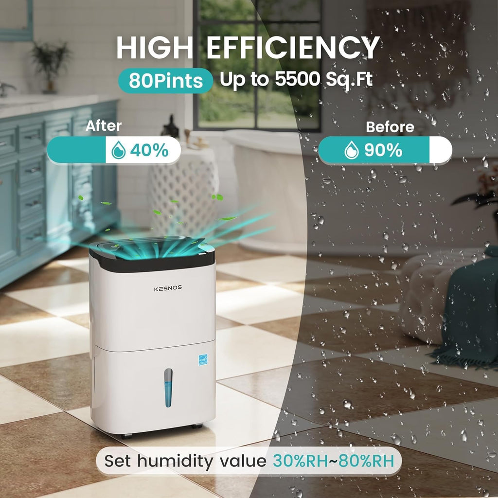 Kesnos 80 Pints 2025 Energy Star Dehumidifier for Home & Basement with Drain Hose, Ideal for Large Spaces up to 5,500 Sq. Ft., Featuring Auto Defrost & Self-Drying Function