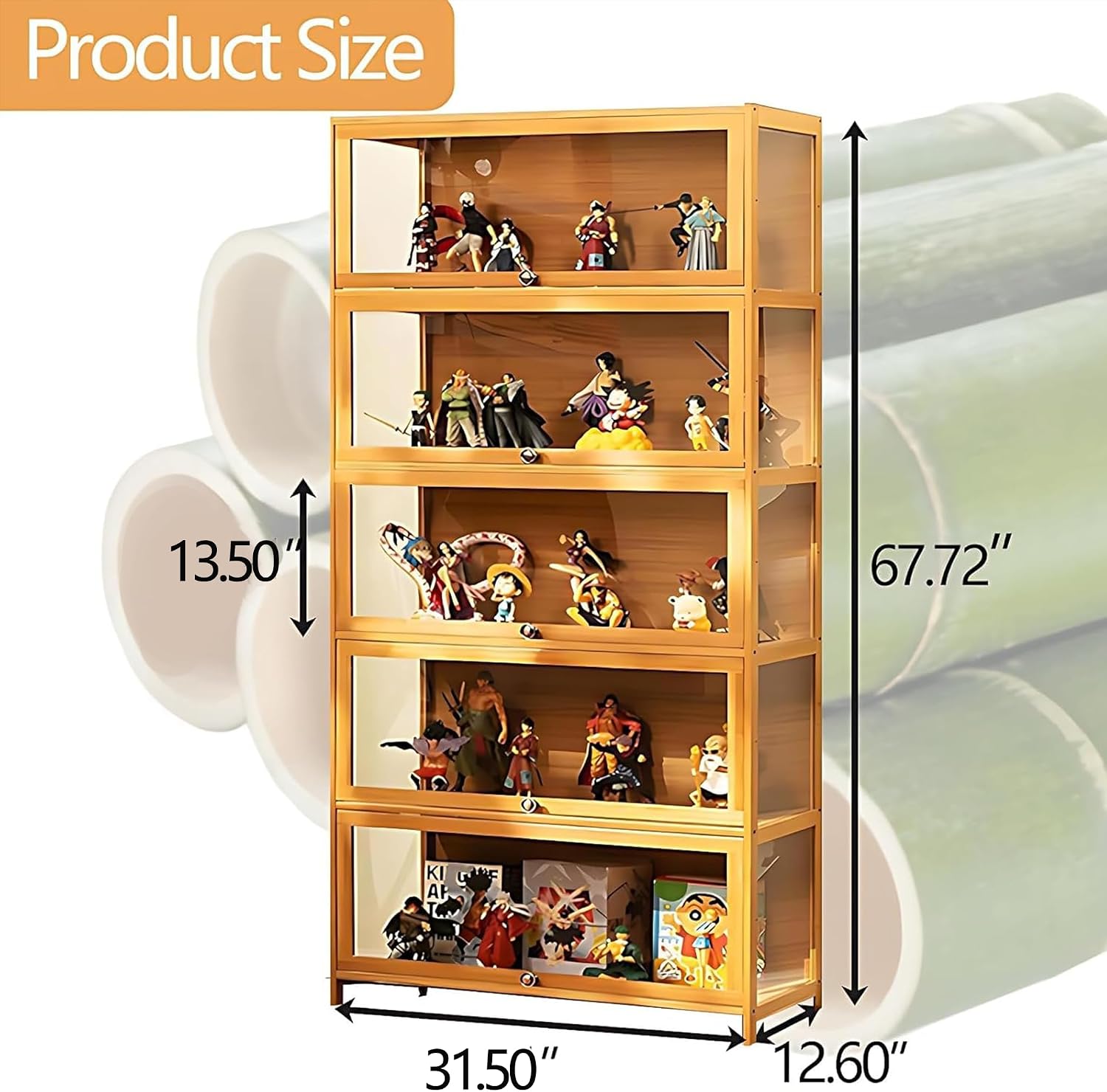 Display Cabinet with Acrylic Glass Door, 5 Tier Curio Display Case, Collectibles Toy Organizers Rack & Display Shelf, Kids Bookcase for Bedroom, Reading Nook, Toddler's Room, Bamboo