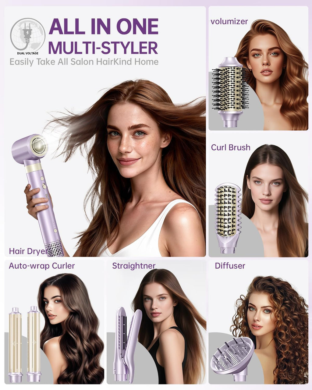 Hair Dryer Brush 8-in-1 Dual Voltage Hot Air Styler – Fast-Drying 110,000 RPM Ionic Blow Dryer with Straightener & Curler Attachments, Frizz-Free Volumizing Styler with Protective Hard Case-Purple