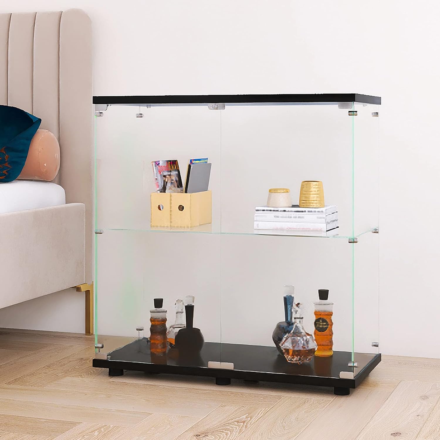 Beauty4U Glass Display Cabinet with 2 Shelves, 2 Doors Curio Cabinets for Living Room, Bedroom, Office, Black Floor Standing Glass Bookshelf, Quick Installation