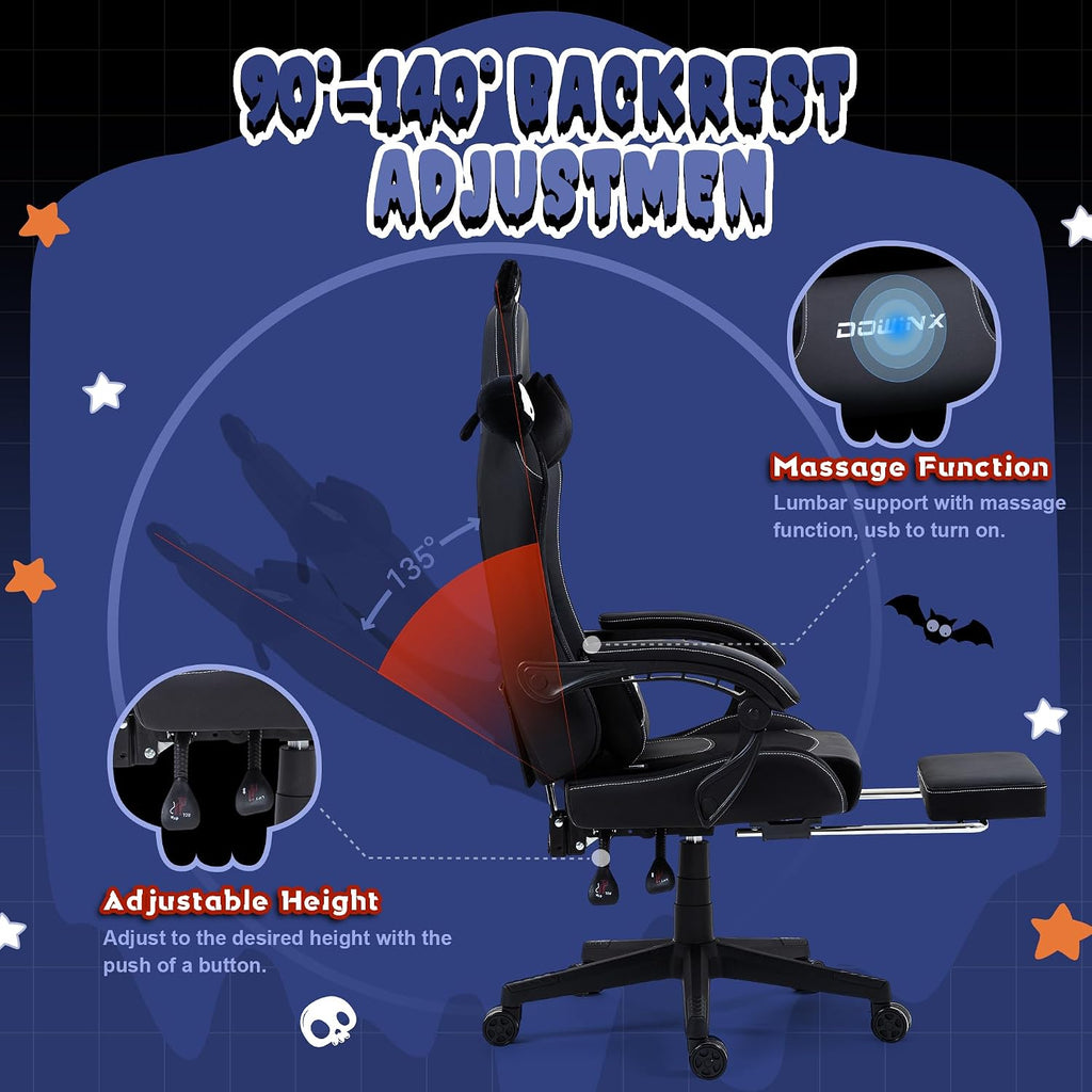 Dowinx Gaming Chair Cute with Cat Ears and Massage Lumbar Support, Ergonomic Computer Chair for Girl with Footrest and Headrest, Comfortable Reclining Game Chair 290lbs for Adult, Teen, White