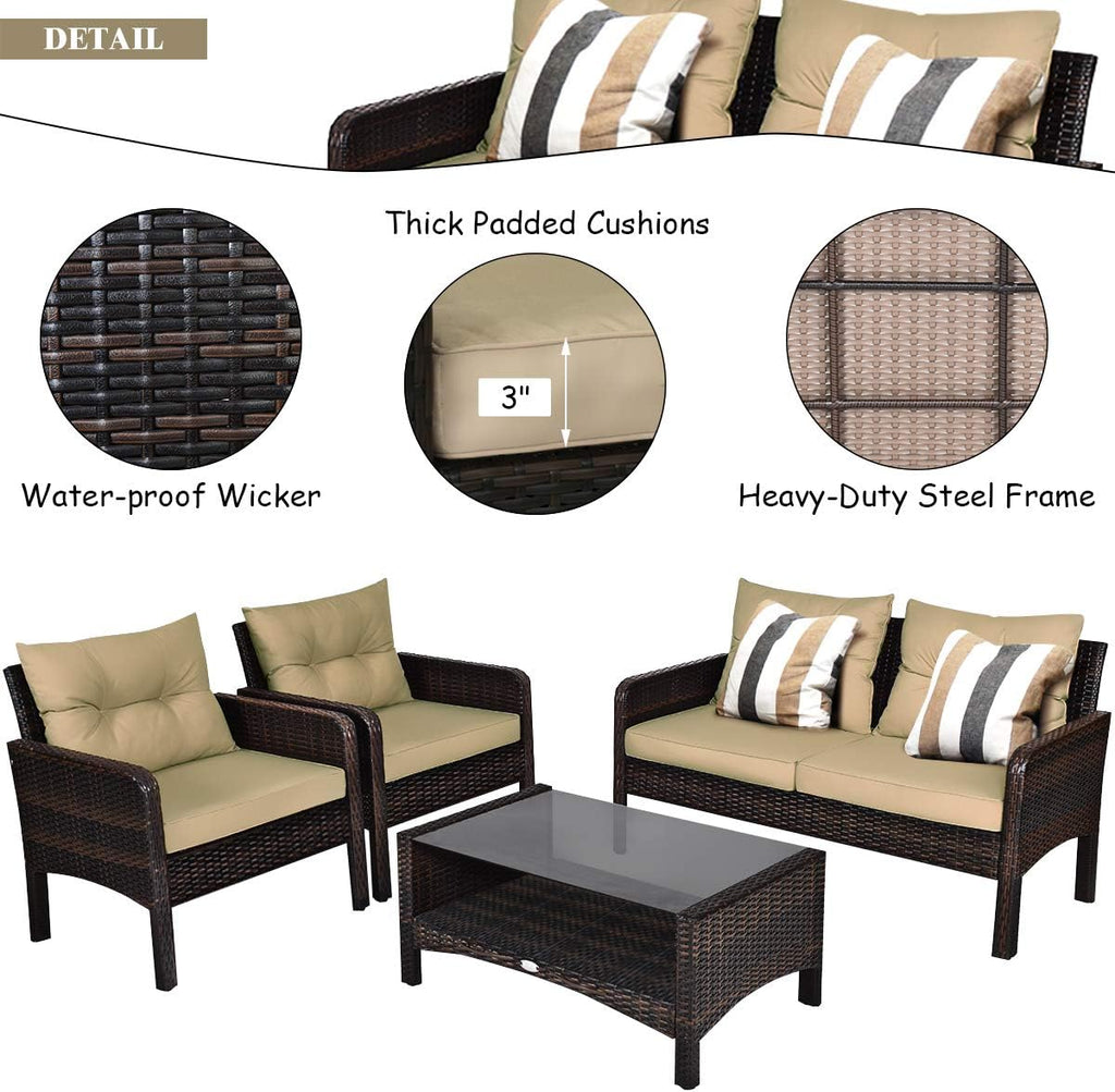 Tangkula 4 Piece Patio Furniture Set, Outdoor Wicker Conversation Set with Glass Top Coffee Table, All Weather Proof and Thick Cushions, Suitable for Porch, Garden, Poolside and Lawn (Brown)