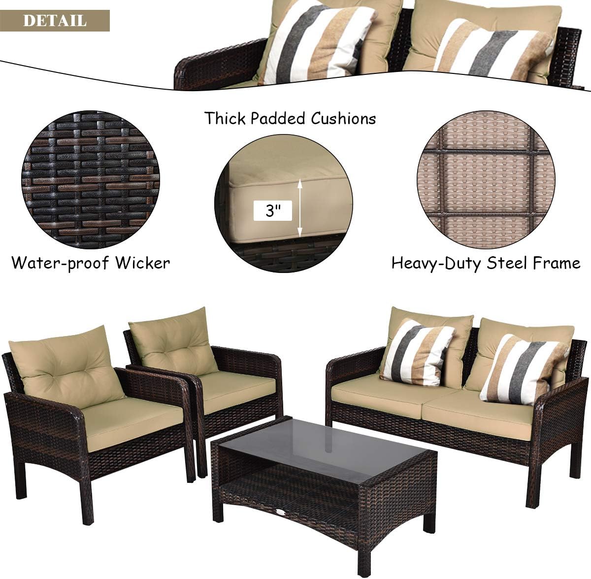 Tangkula 4 Piece Patio Furniture Set, Outdoor Wicker Conversation Set with Glass Top Coffee Table, All Weather Proof and Thick Cushions, Suitable for Porch, Garden, Poolside and Lawn (Brown)