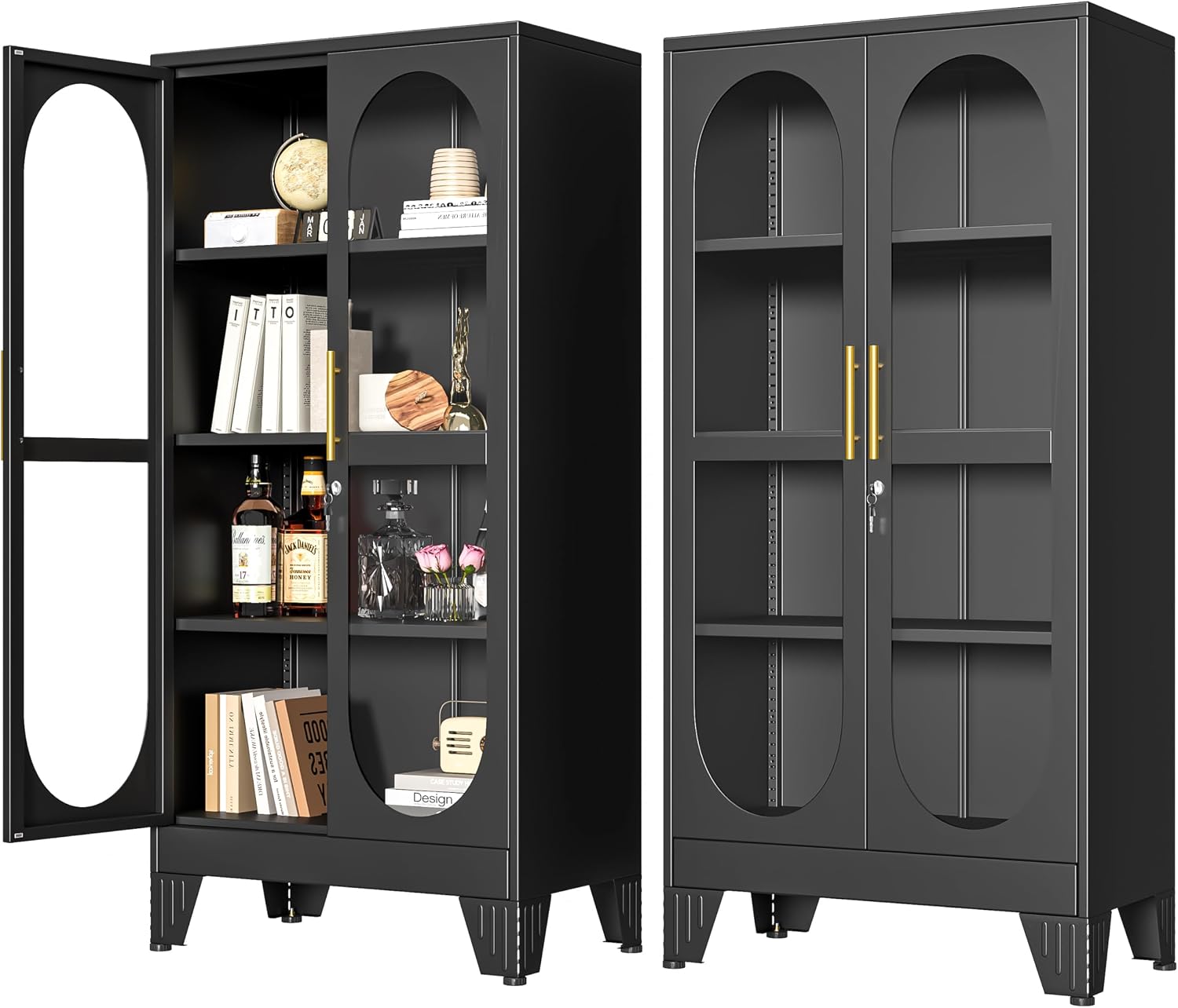 PAOFIN 61' H Locking Display Cabinet with Glass Door, Metal Cabinets with 3 Adjustable Shelves, Cabinet Display Case for Living Room, Collectibles, Clinic, Home - Assembly Required Black
