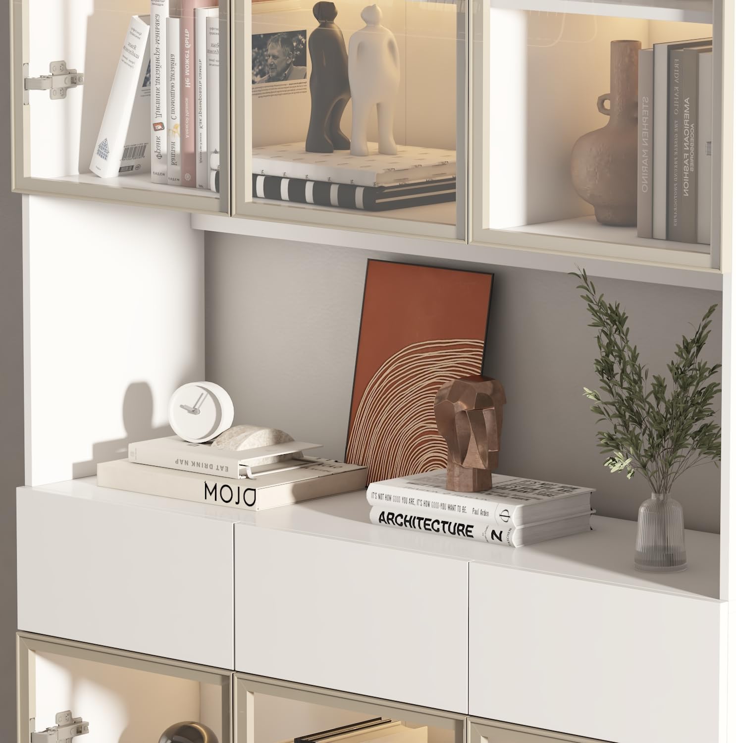 Curio Display Cabinet with Light, Storage Shelves with Pop-up Glass Doors, 3 Drawers & 3 Color Light, Collectibles Cabinet Display Shelf, Bookshelf Showcase for Living Room, White w/Hutch