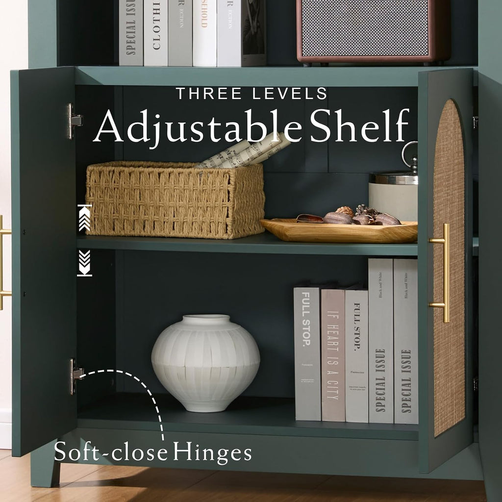RowyPoey Rattan Arched Cabinet Bookshelf - 69.3' Tall Mid Century Display Cabinet, Rounded Bookcase with Rattan Doors, Open Shelf Storage for Dining Room (Green, 1 PC)